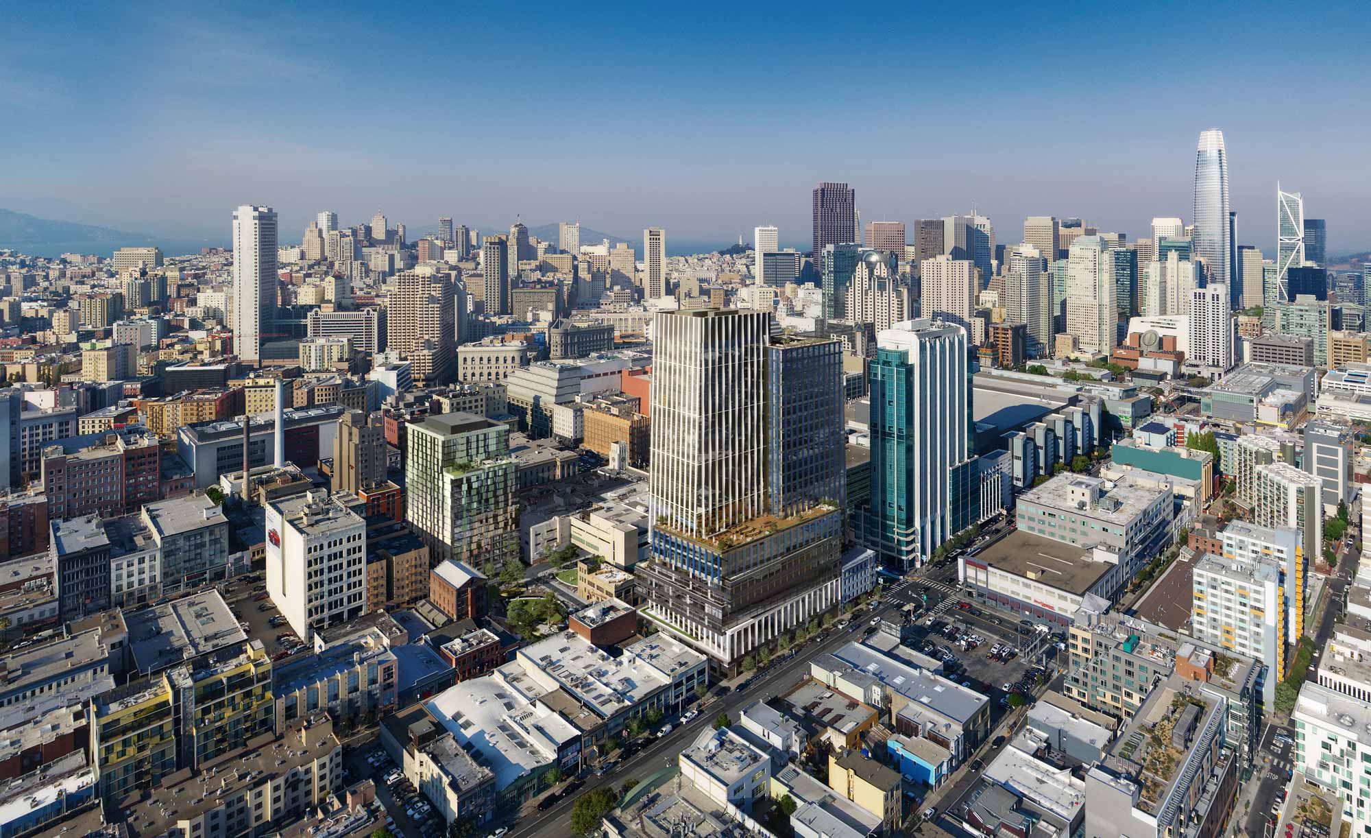 An eagles eye view of the San Francisco skyline near the George apartments