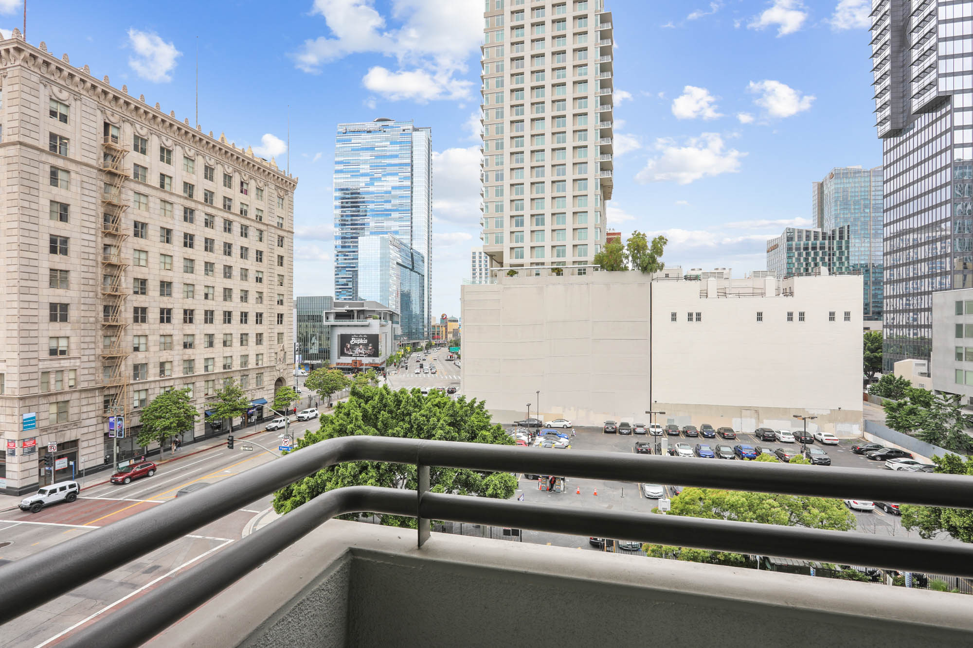The view from a studio balcony at The Met apartments in downtown Los Angeles, California.