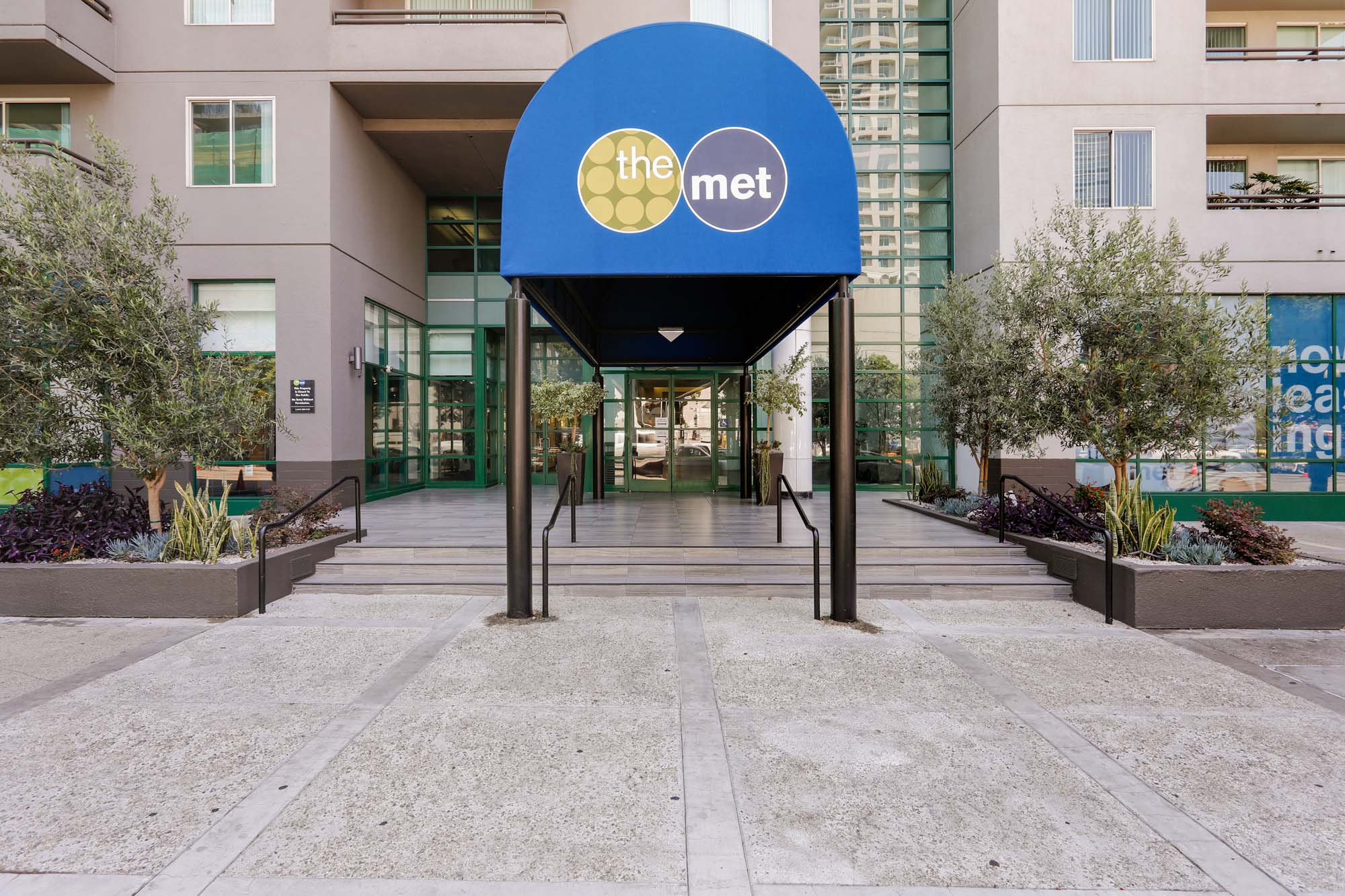 The entrance to The Met apartments in downtown Los Angeles, California.