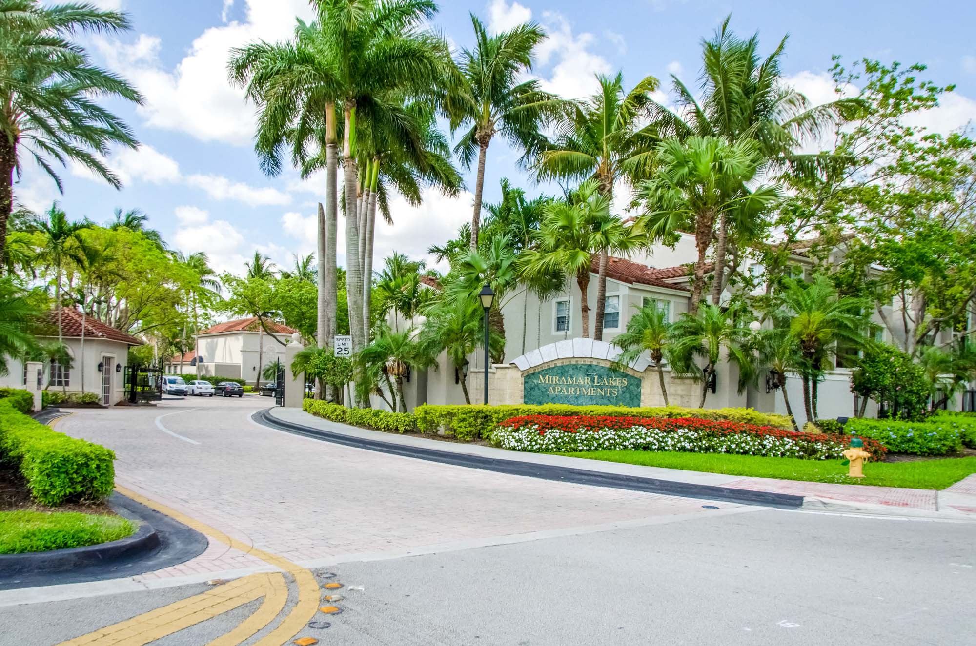 The entrance at Miramar Lake apartments in Fort Lauderdale, FL.