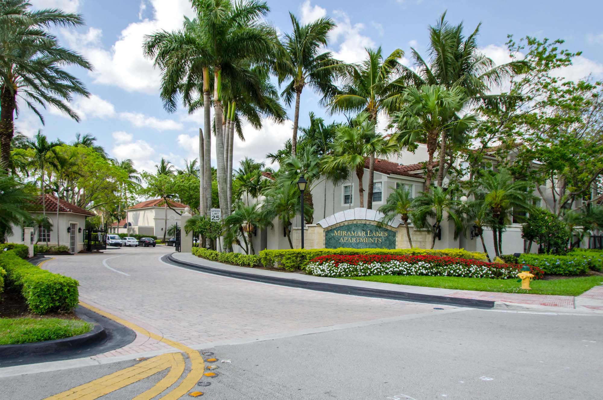 The entrance at Miramar Lake apartments in Fort Lauderdale, FL.