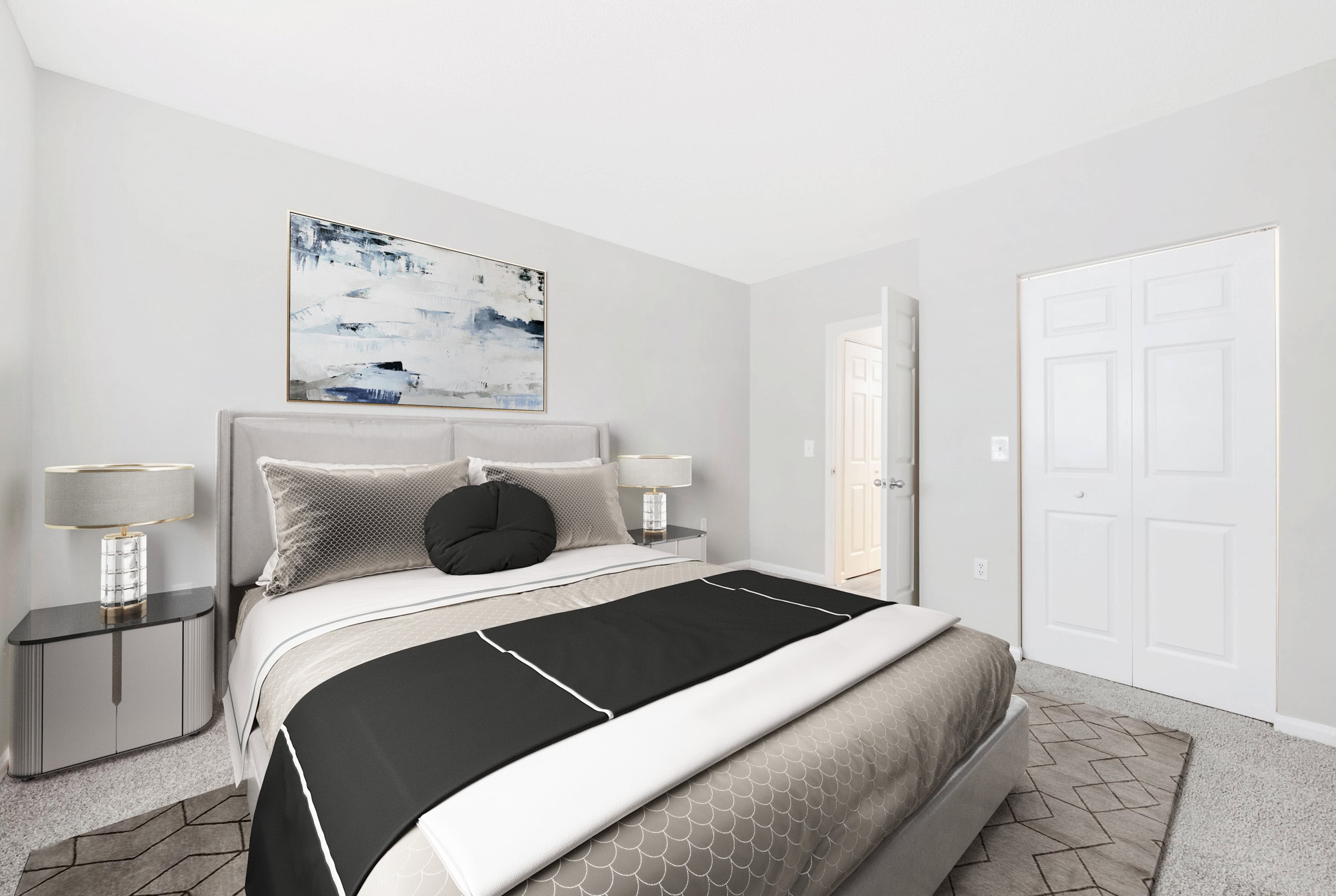 A bedroom in a Miramar Lakes apartment in Fort Lauderdale, FL