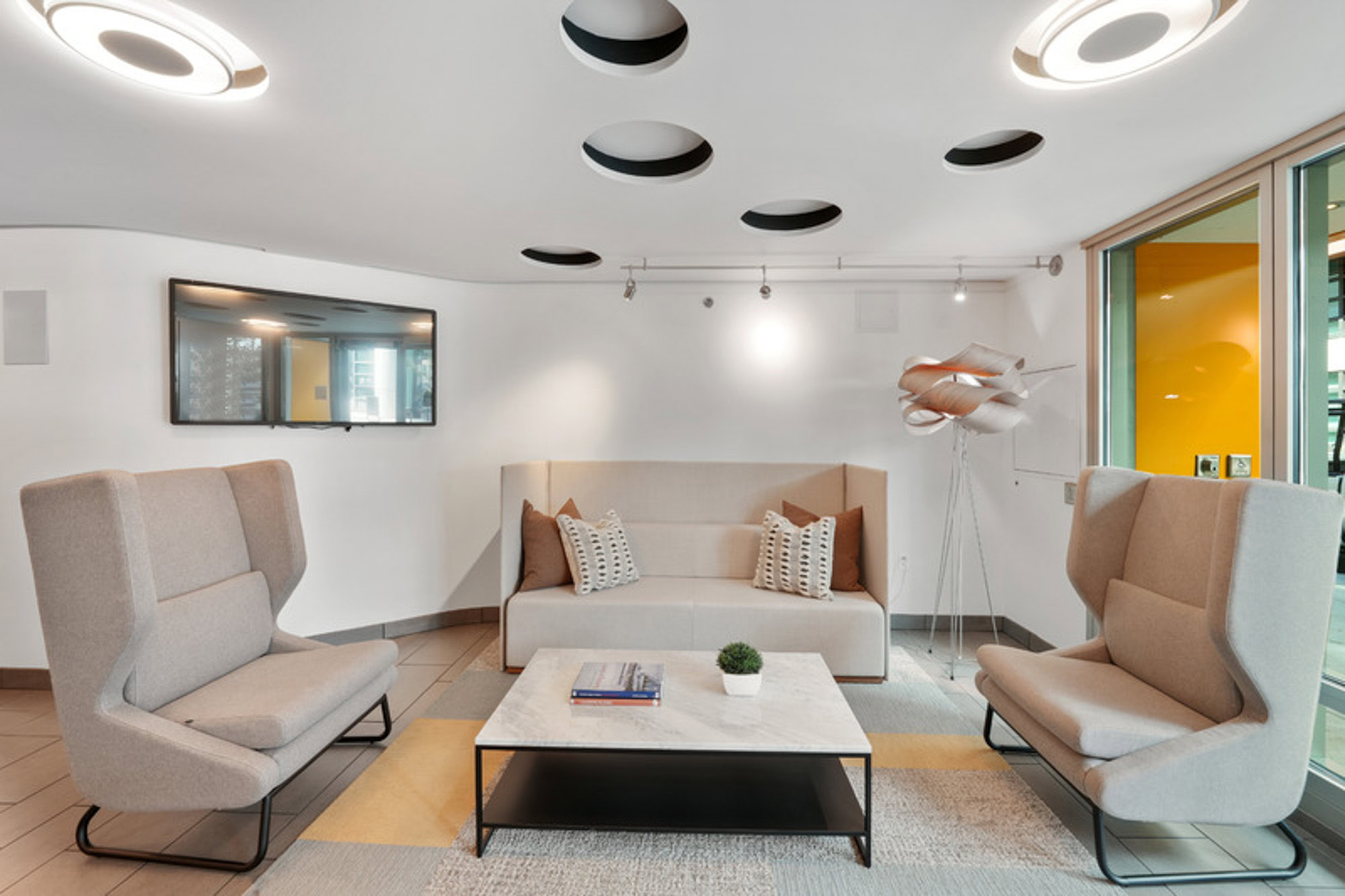 A lounging space in the clubroom at the Mosso apartments in San Francisco