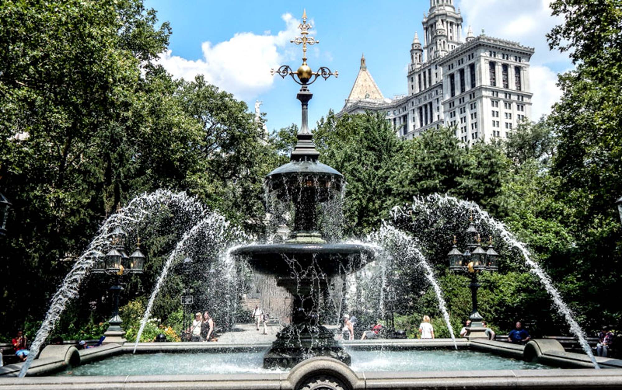 A fountain by 111 Worth apartments in New York, NY.