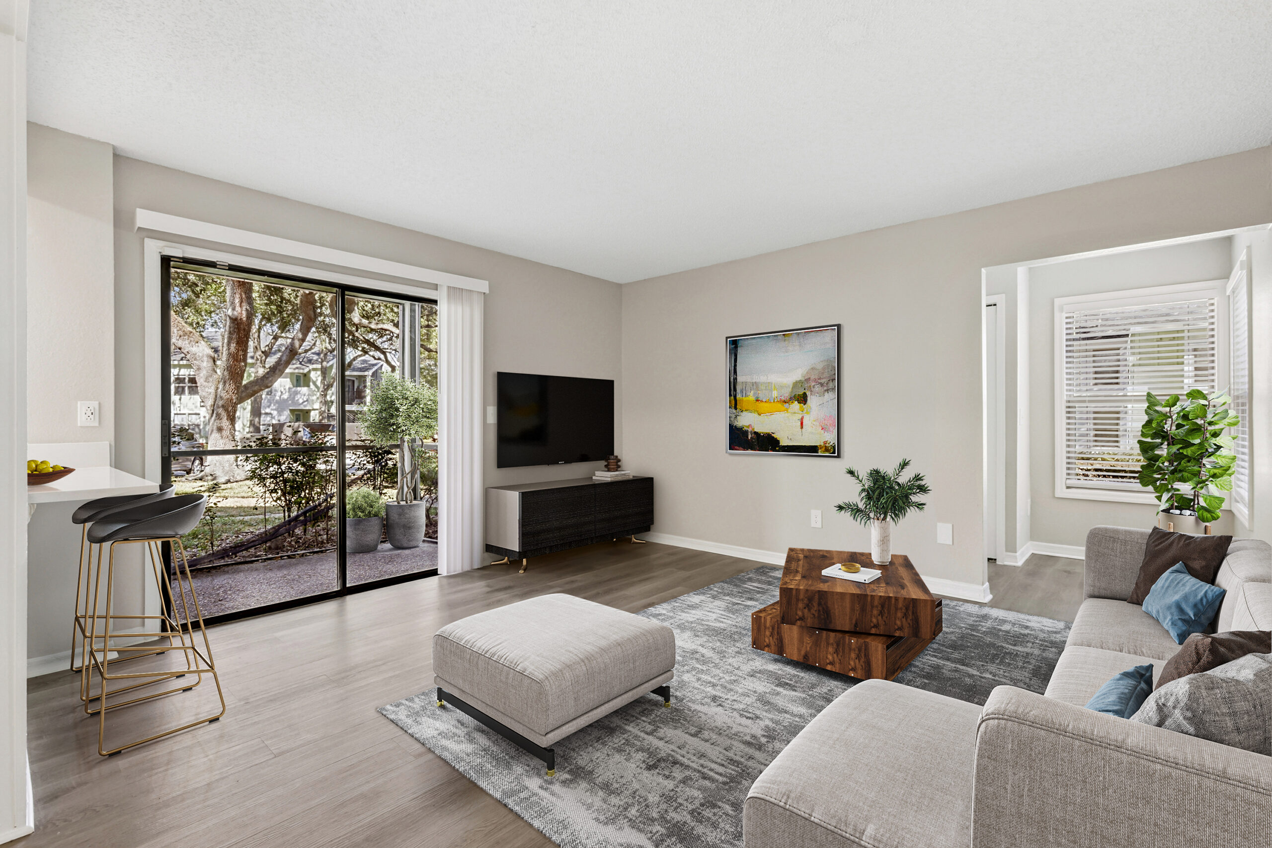 A living room at the Oak Ramble apartments in Tampa Palms, Florida