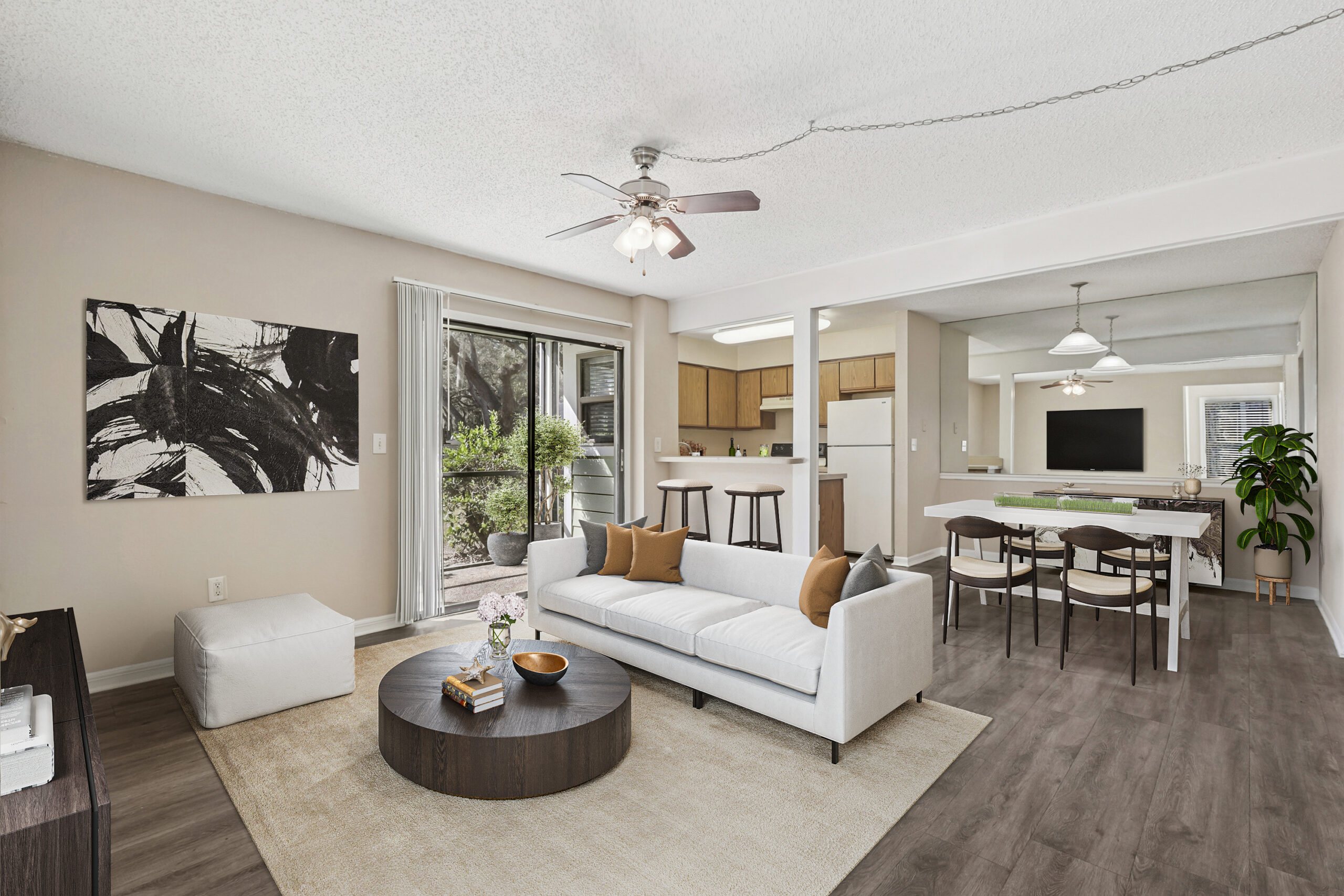 A living room at the Oak Ramble apartments in Tampa Palms, Florida