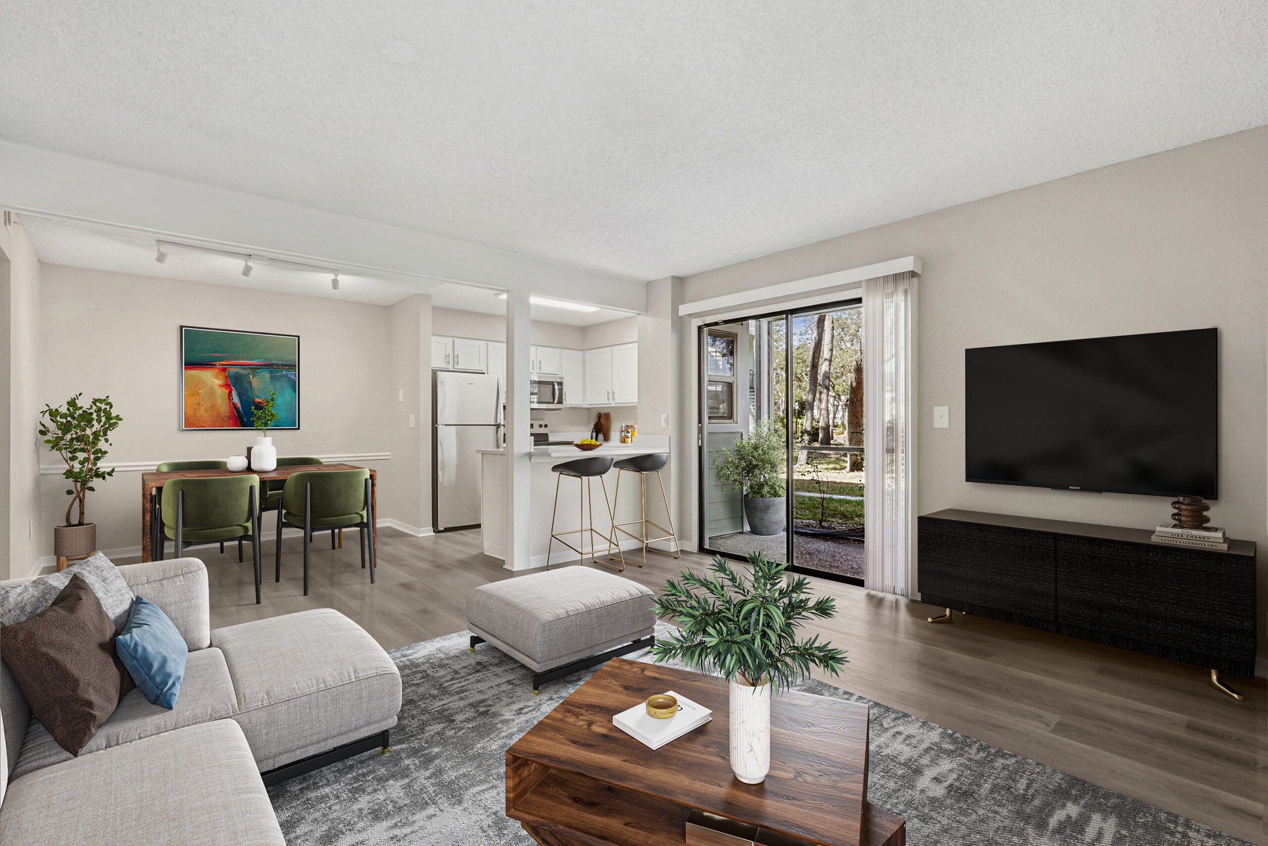 A living room at the Oak Ramble apartments in Tampa Palms, Florida