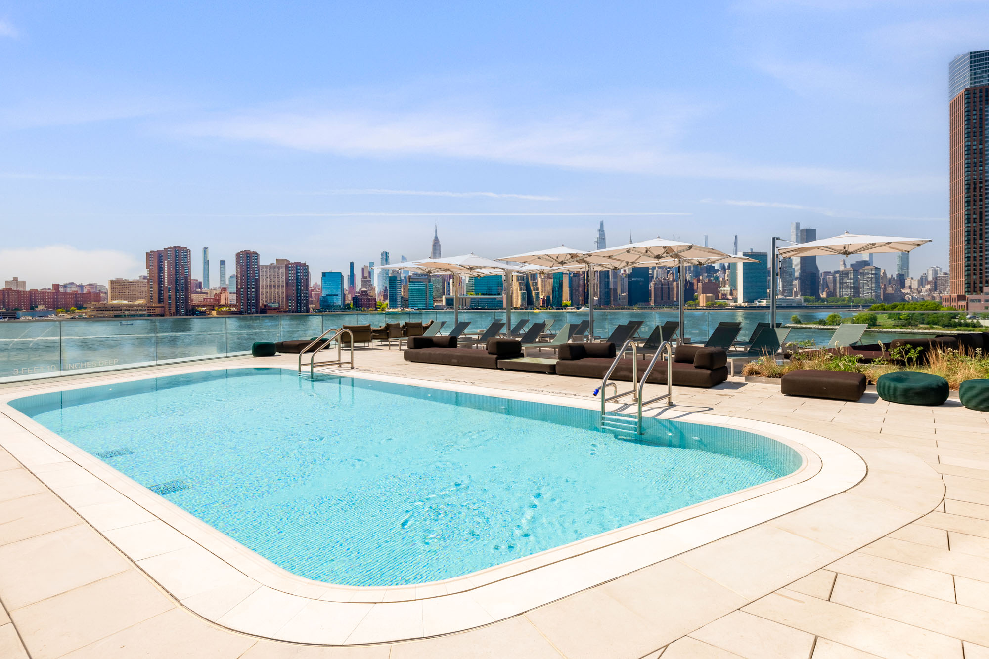 The outdoor pool at Eagle + West apartments in Greenpoint Landing in Brooklyn, New York.