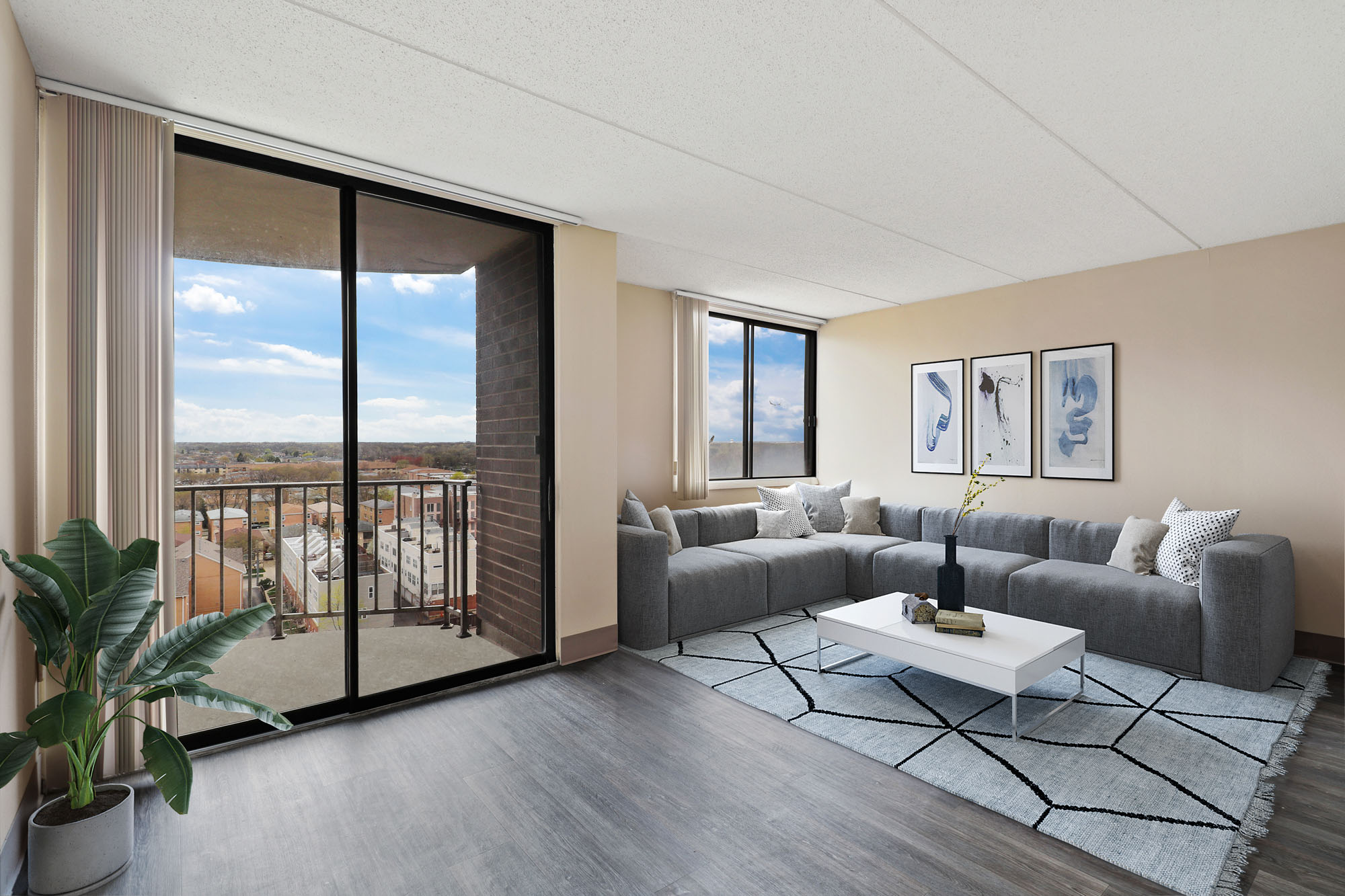 Living room at The Pavilion apartments in Chicago, IL