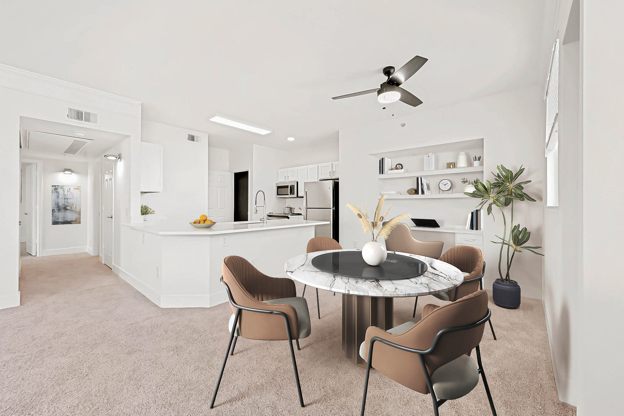 The living area in an apartment at The Village at Legacy Ridge near Denver, Colorado.