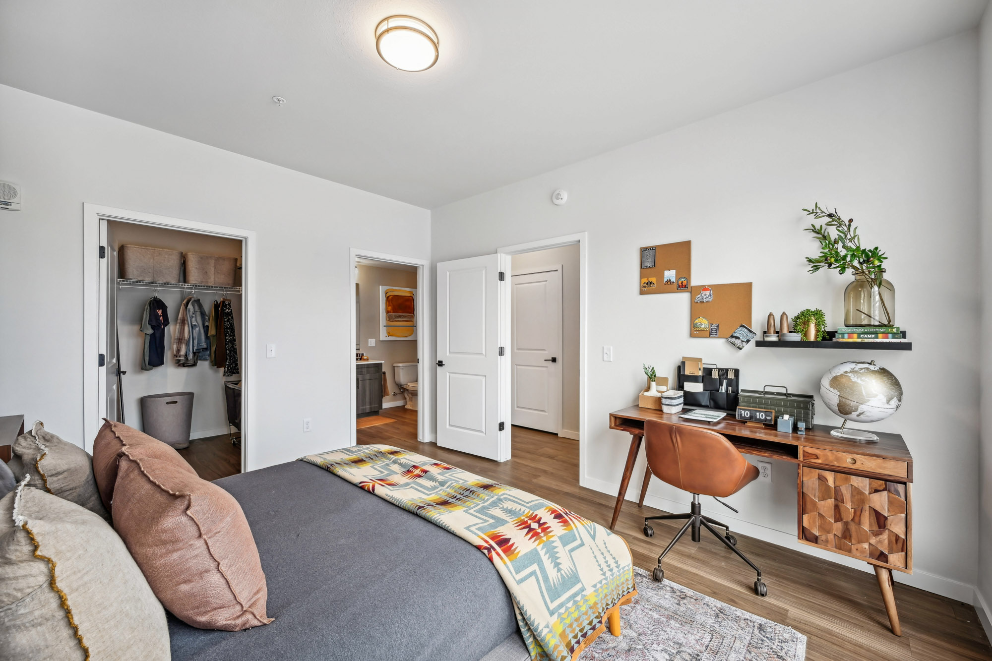 The bedroom in a Marlon at Central Park apartment near Denver, Colorado.