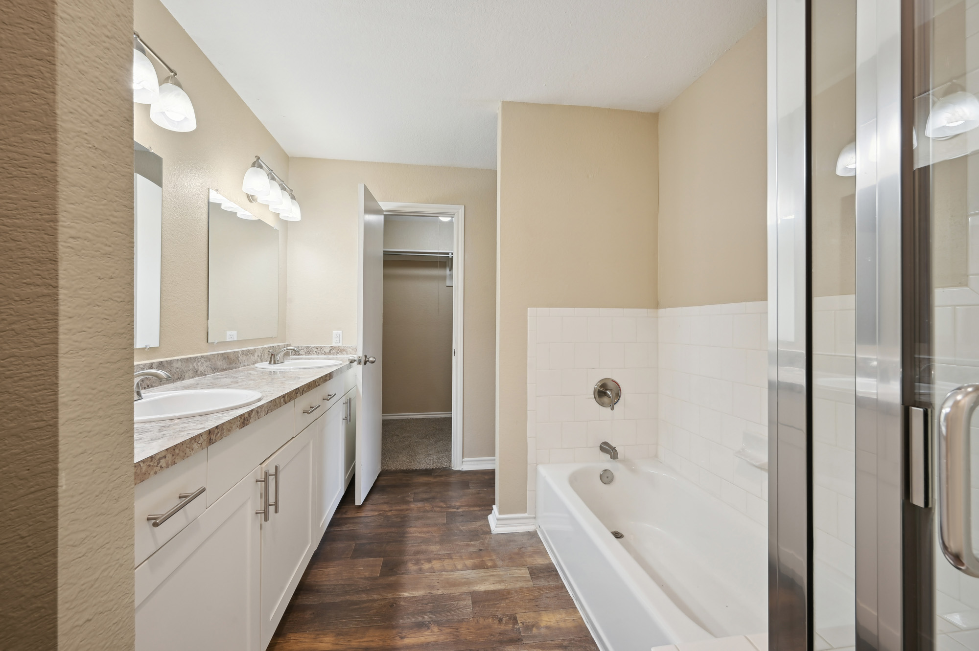 The bathroom at Lake Village West apartments in Garland, TX.