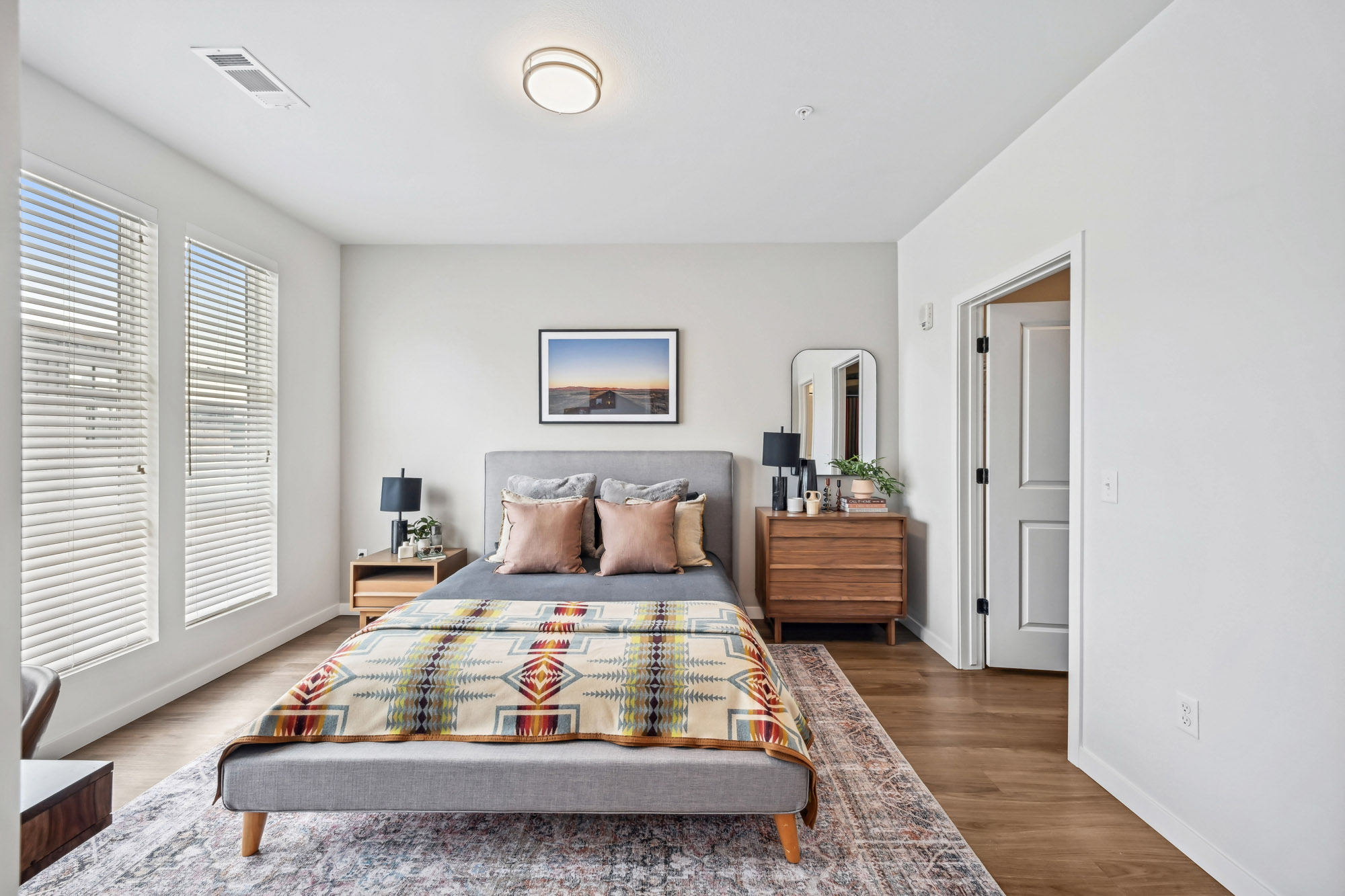 The bedroom in a Marlon at Central Park apartment near Denver, Colorado.