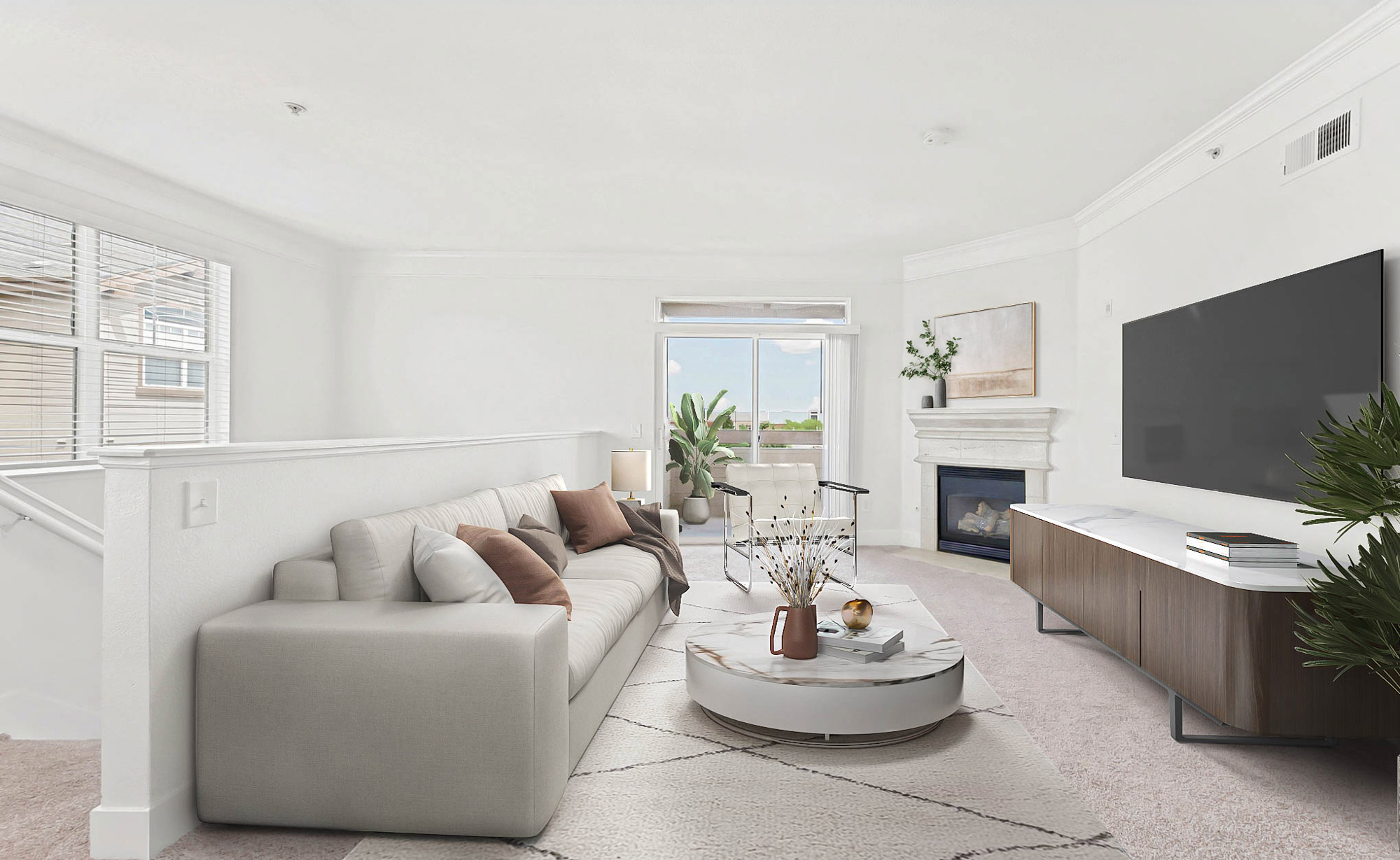 The living area in an apartment at The Village at Legacy Ridge near Denver, Colorado.