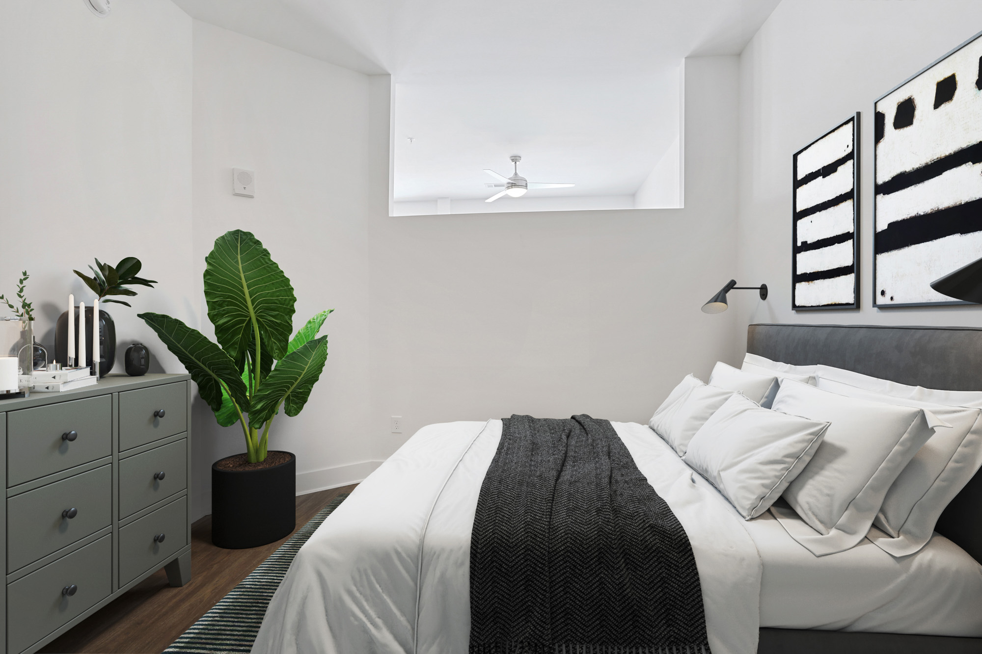 A bedroom at The Burnham apartments in Nashville, TN.