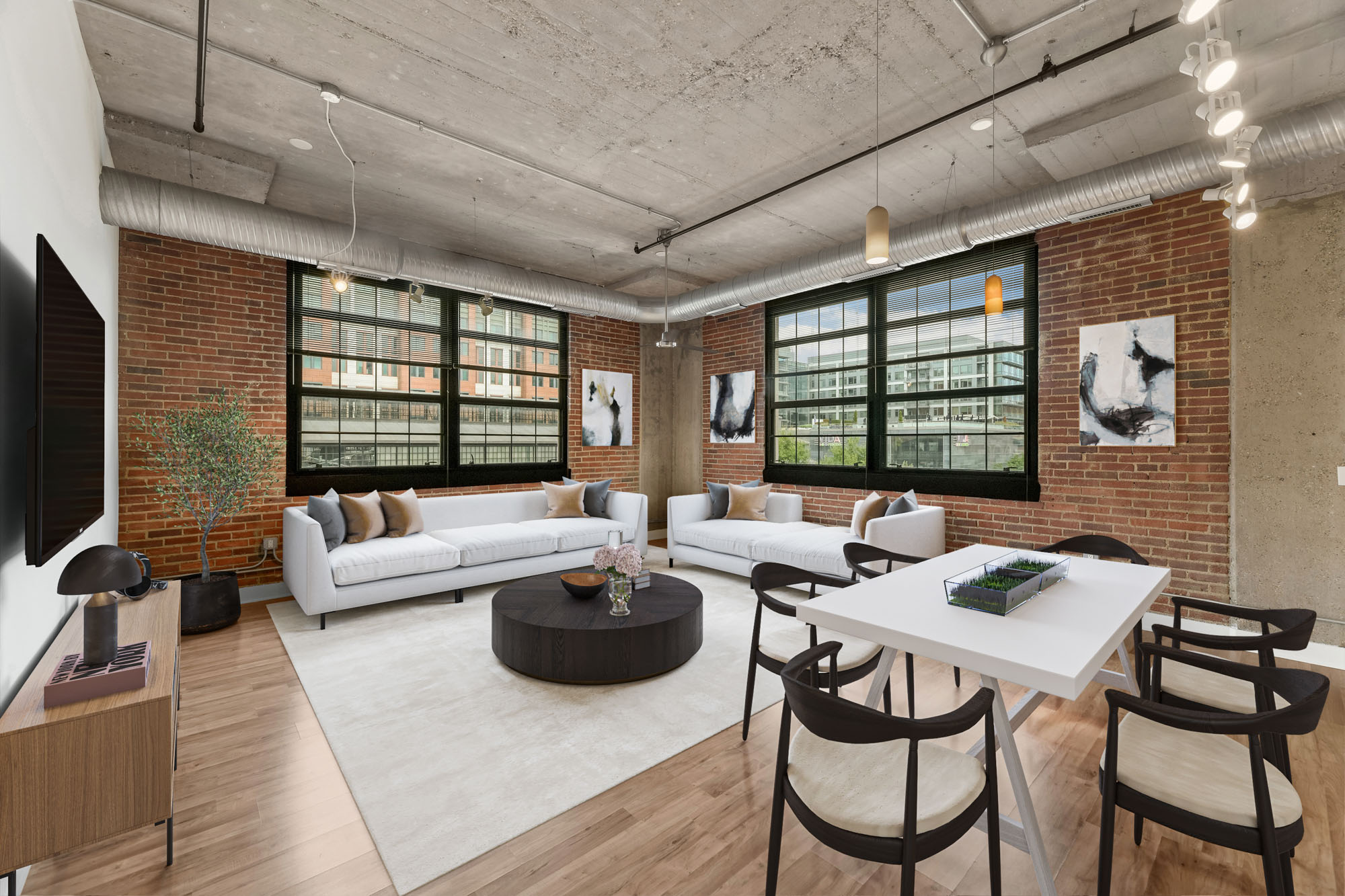 The living room in a Foundry Lofts apartment in Washington, D.C.