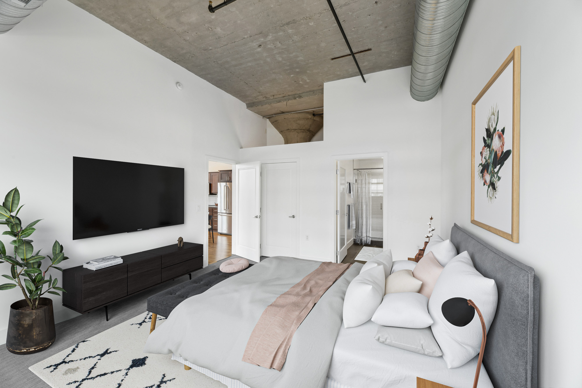 The bedroom in a Foundry Lofts apartment in Washington, D.C.