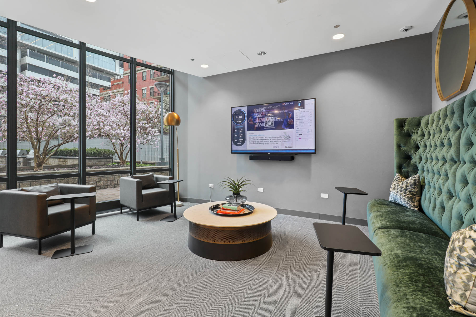 Lounge area at SKY55 apartments in Chicago, Illinois