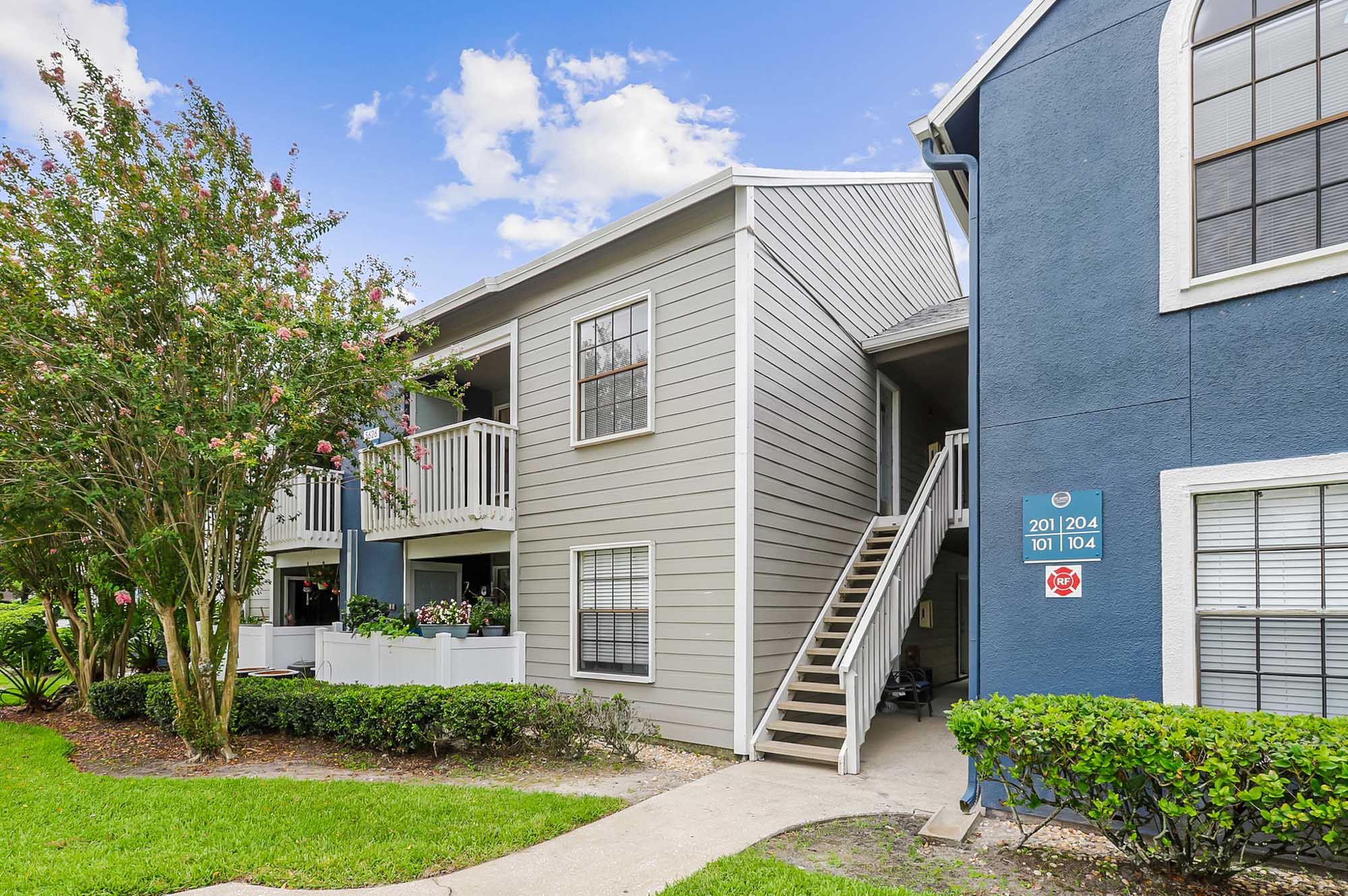 The exterior of an apartment building at St. James Crossing in Tampa, Florida.