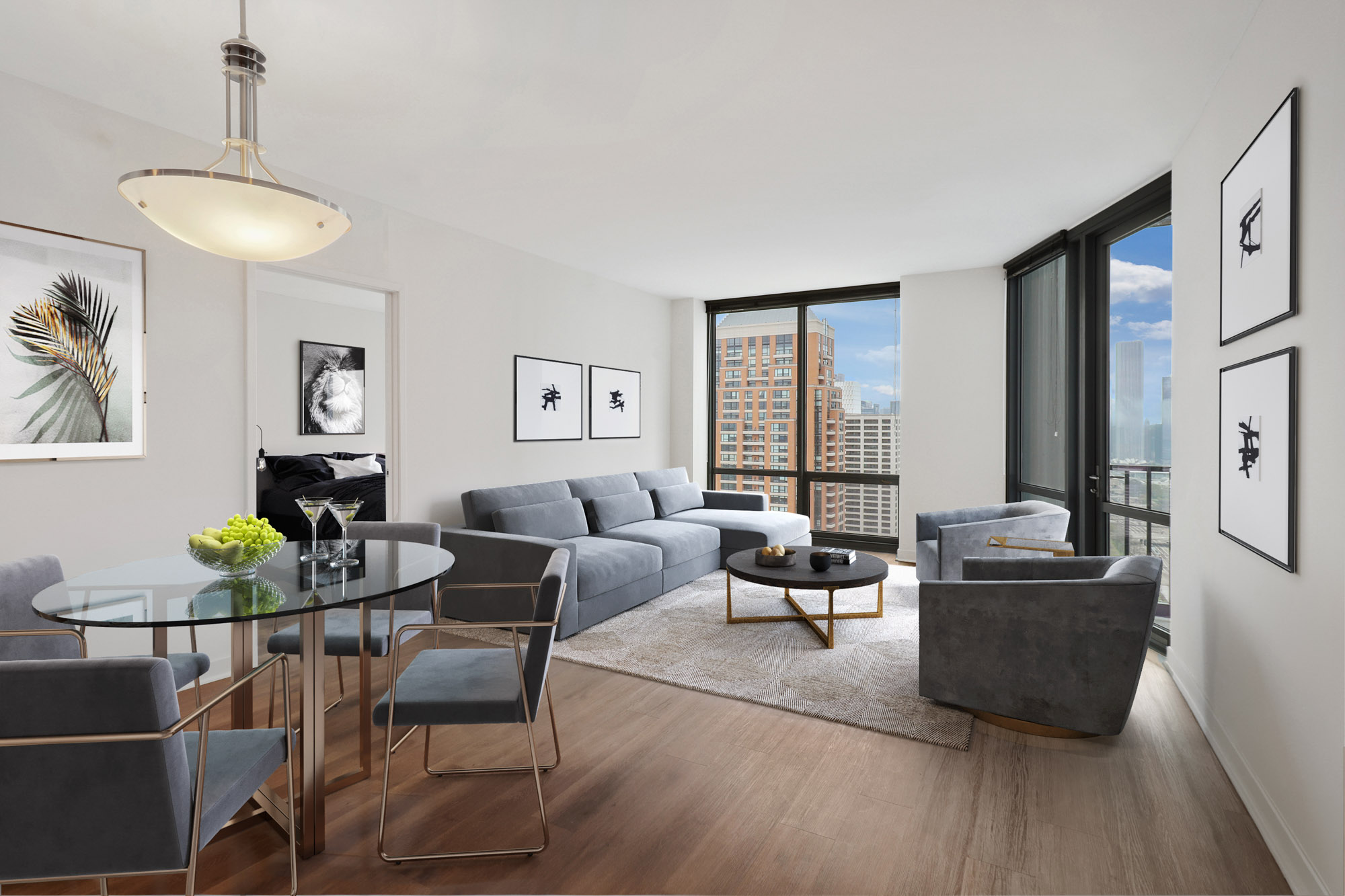 Living room at SKY55 apartments in Chicago, IL