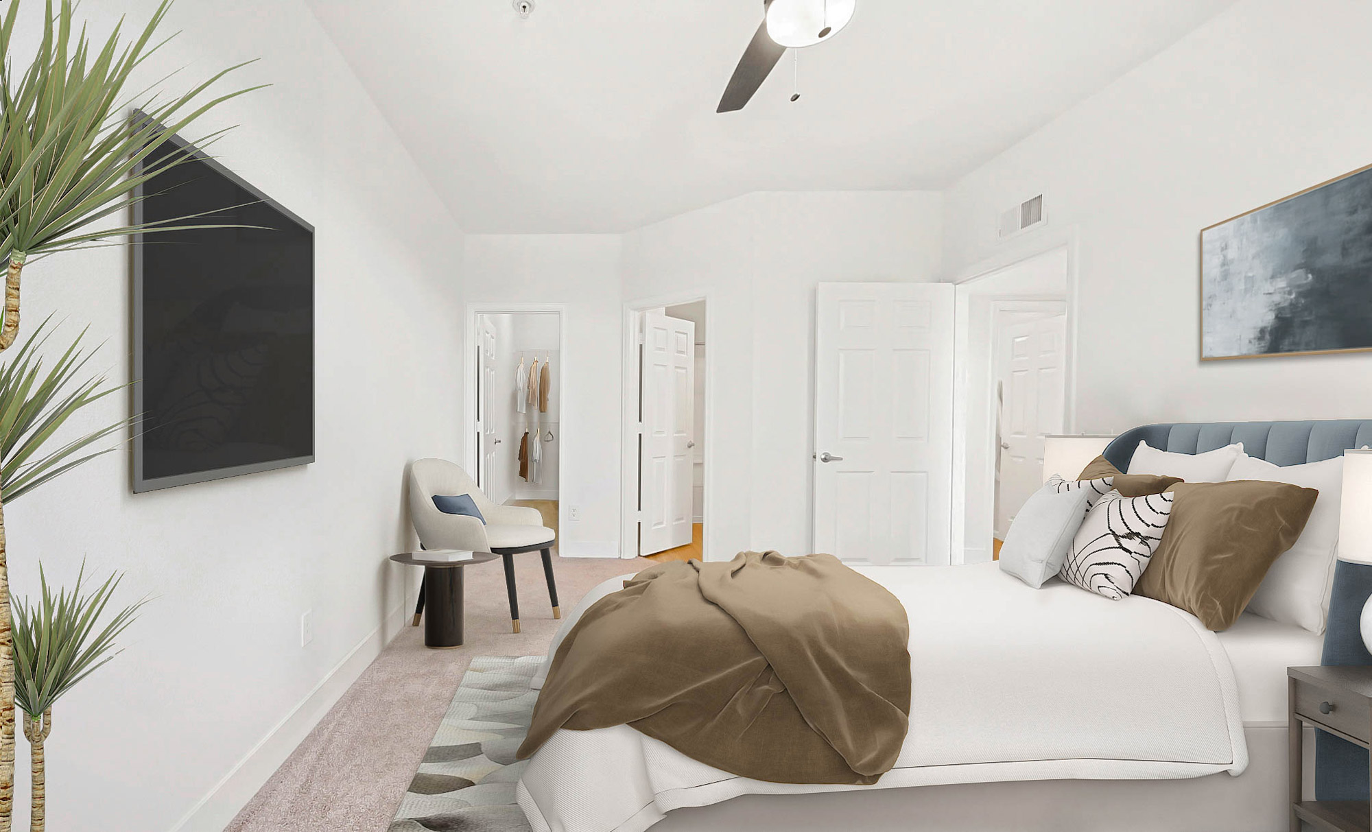 A bedroom in an apartment at The Village at Legacy Ridge near Denver, Colorado.