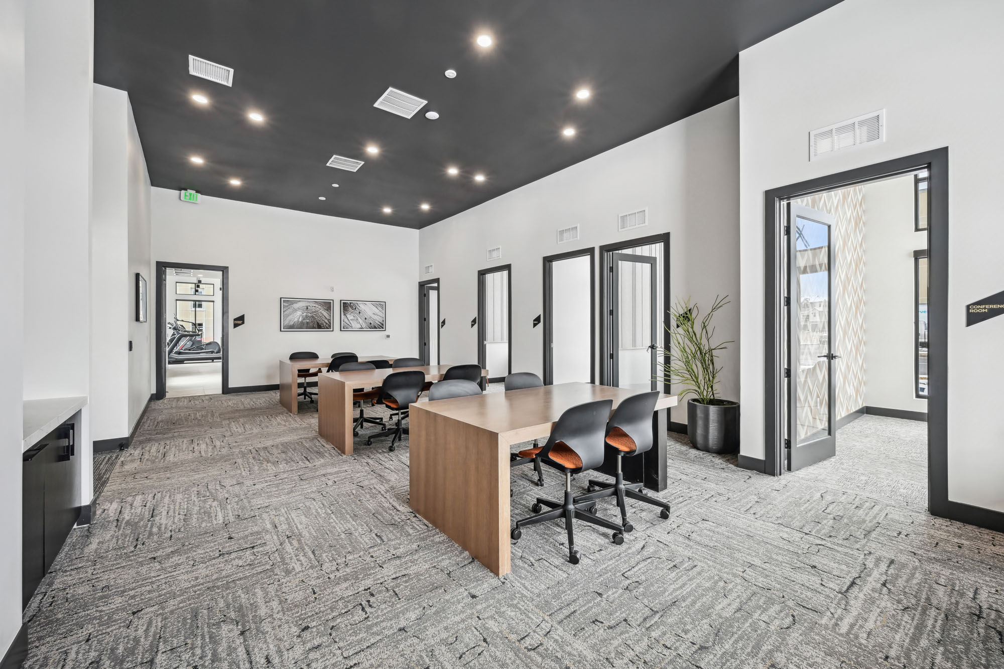 The coworking space at Marlon at Central Park apartments near Denver, Colorado.