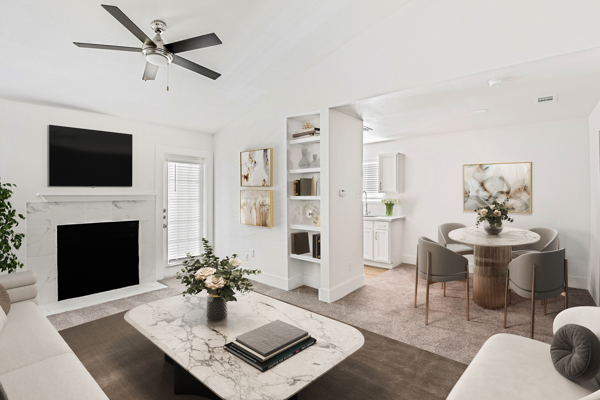 The living area of an apartment at The Arbors of Wells Branch in Austin, TX.