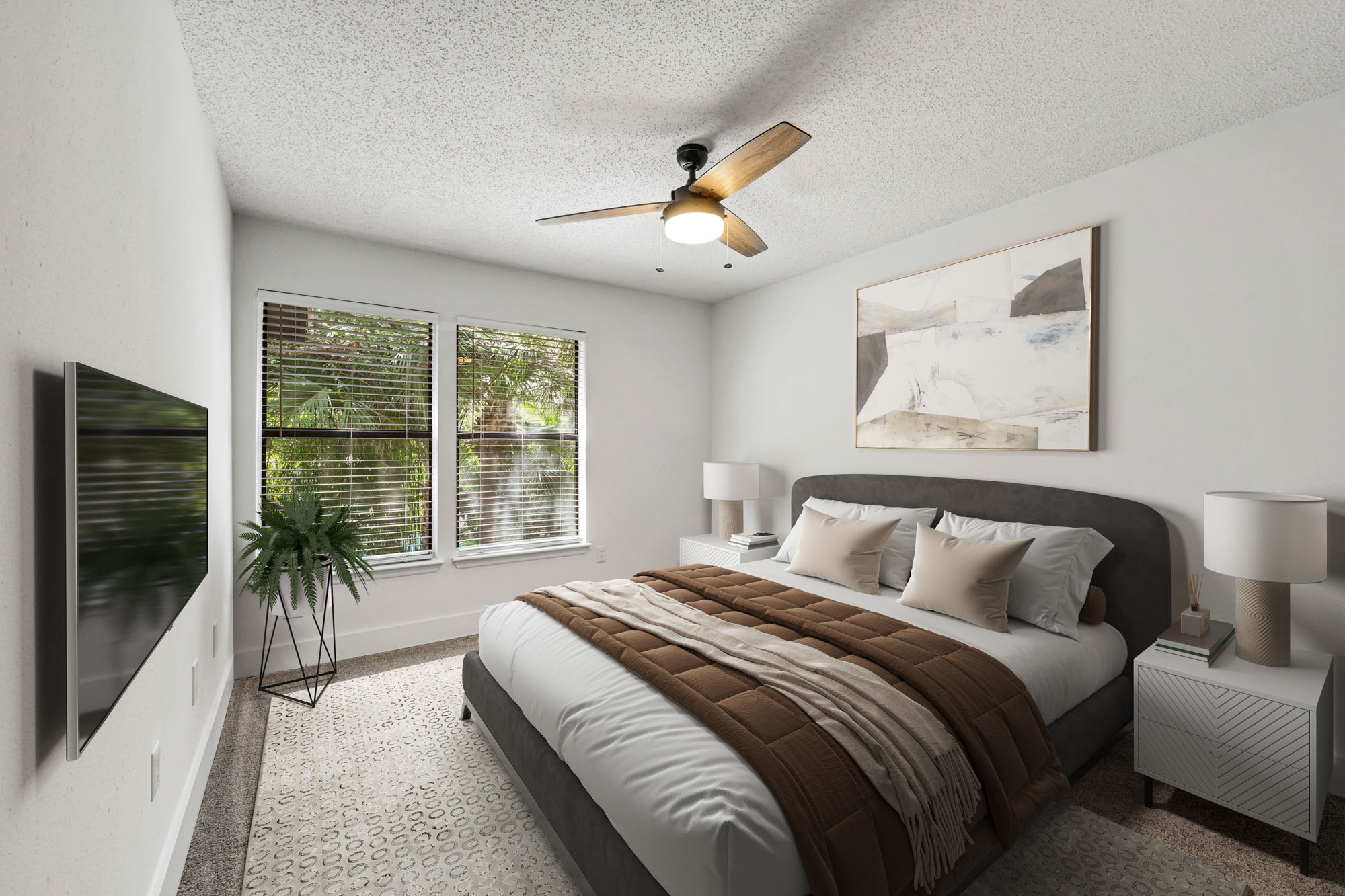 The bedroom of an apartment at South Pointe in Tampa, Florida.