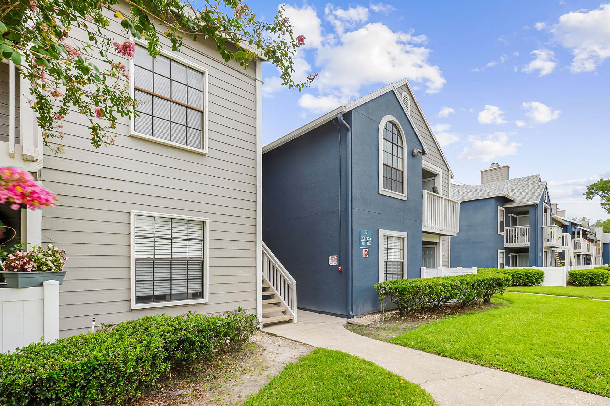 The exterior of an apartment building at St. James Crossing in Tampa, Florida.