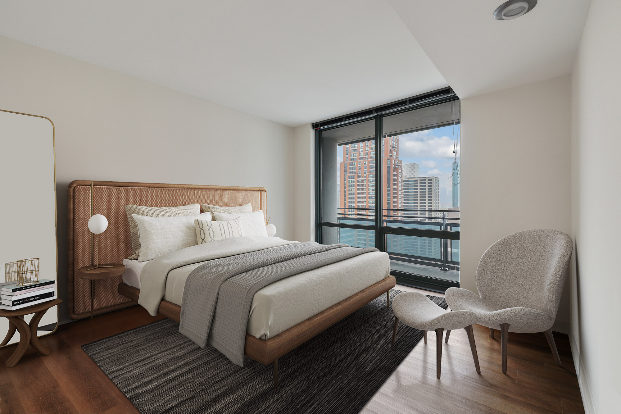 A bedroom at SKY55 apartments in Chicago, IL