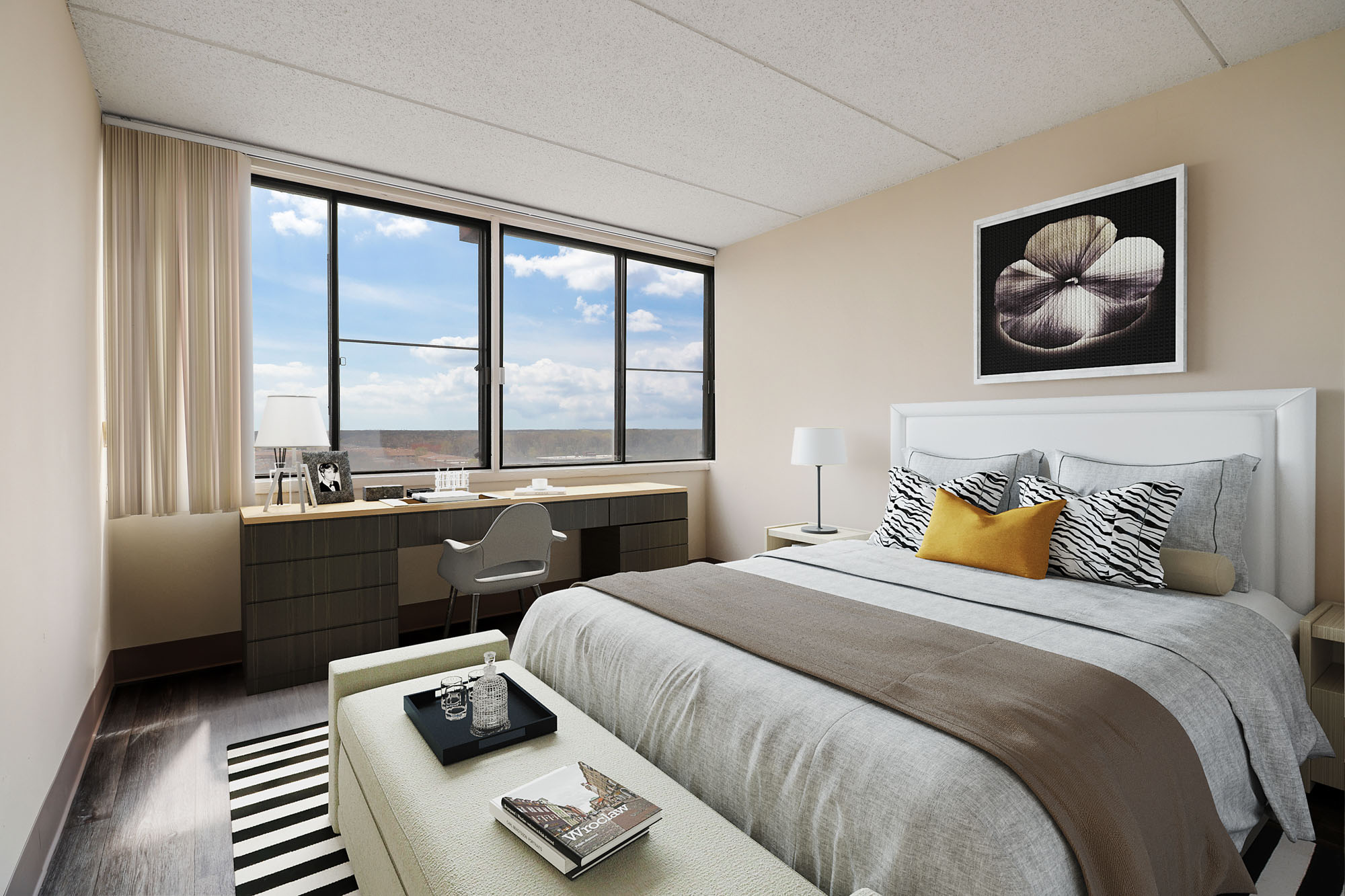 A bedroom at The Pavilion apartments in Chicago, IL