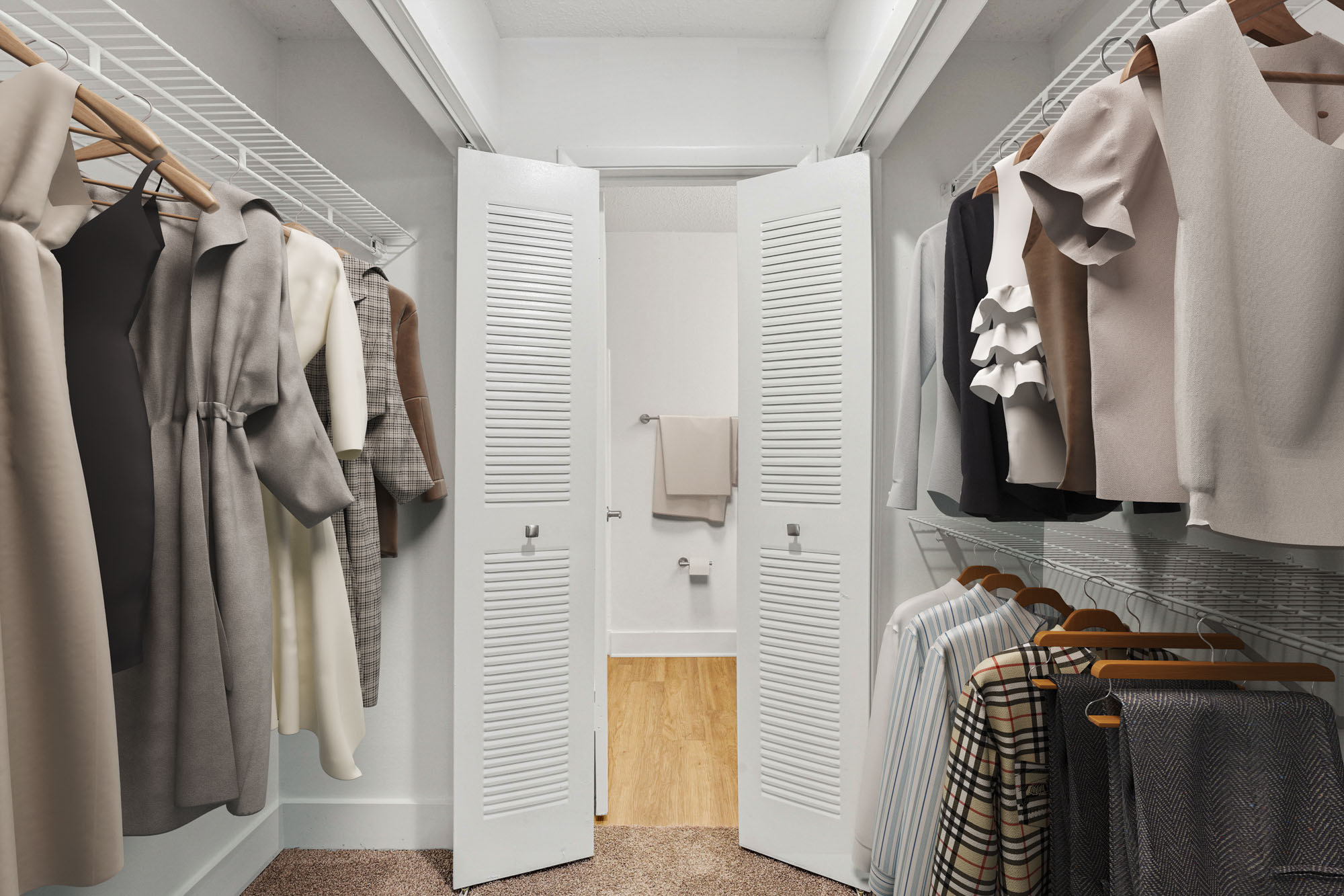 The closet of an apartment at South Pointe in Tampa, Florida.