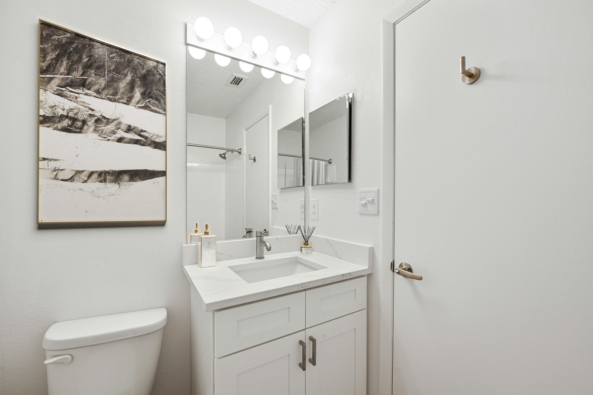 The bathroom of an apartment at South Pointe in Tampa, Florida.