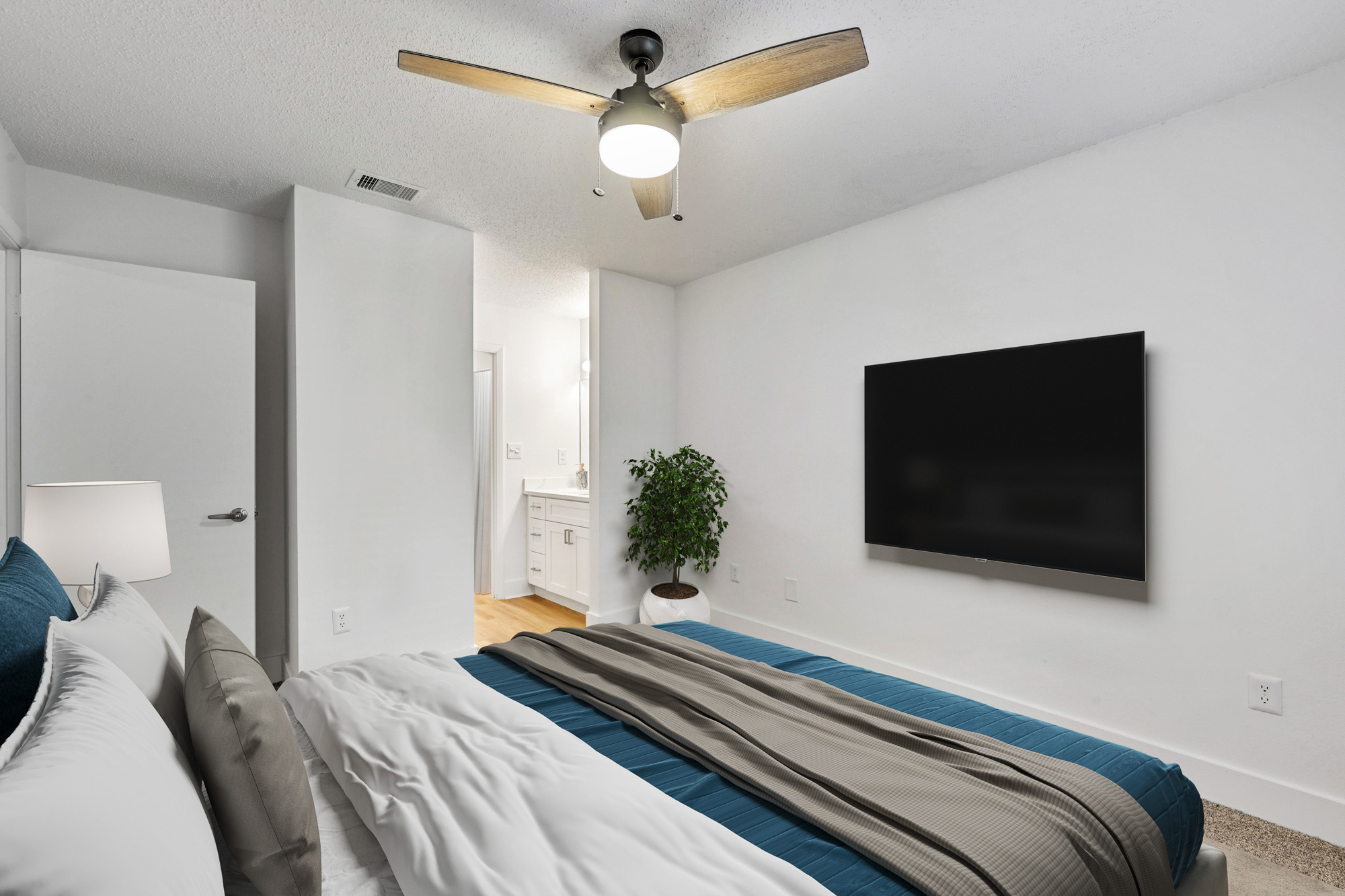 The bedroom of an apartment at South Pointe in Tampa, Florida.