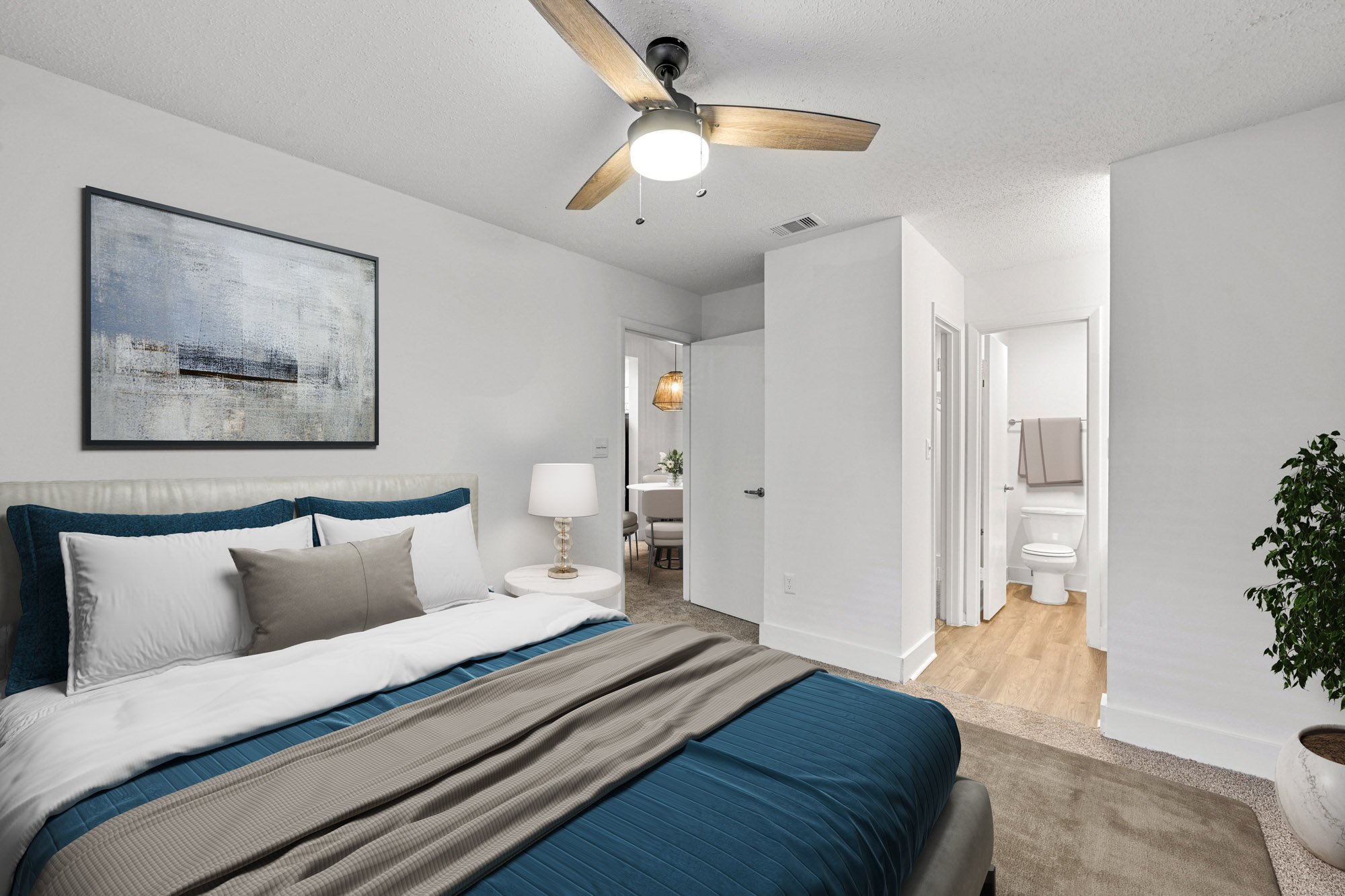 The bedroom of an apartment at South Pointe in Tampa, Florida.