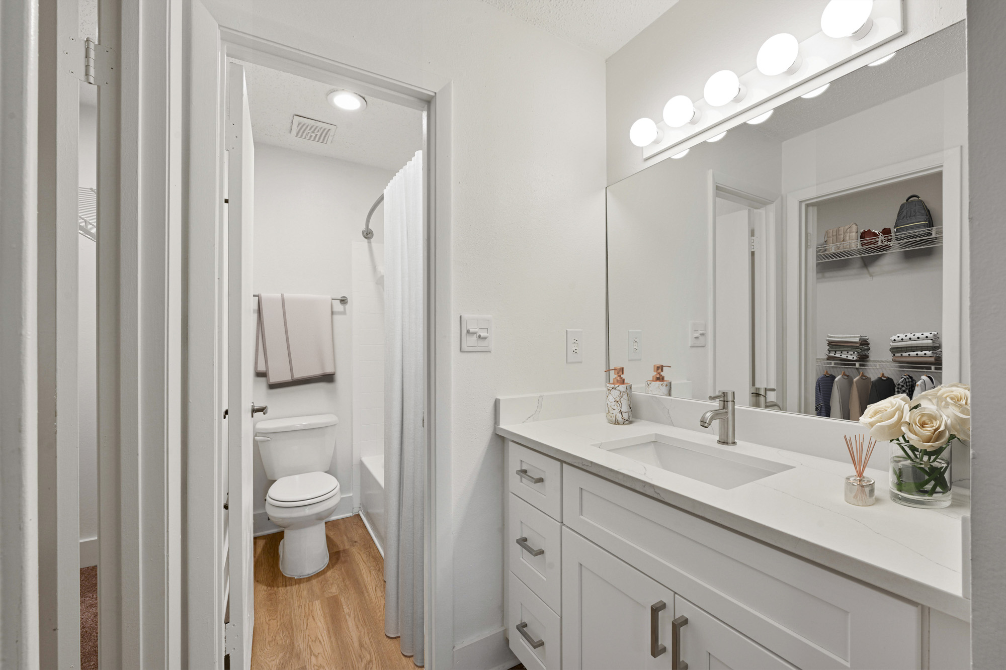 The bathroom of an apartment at South Pointe in Tampa, Florida.