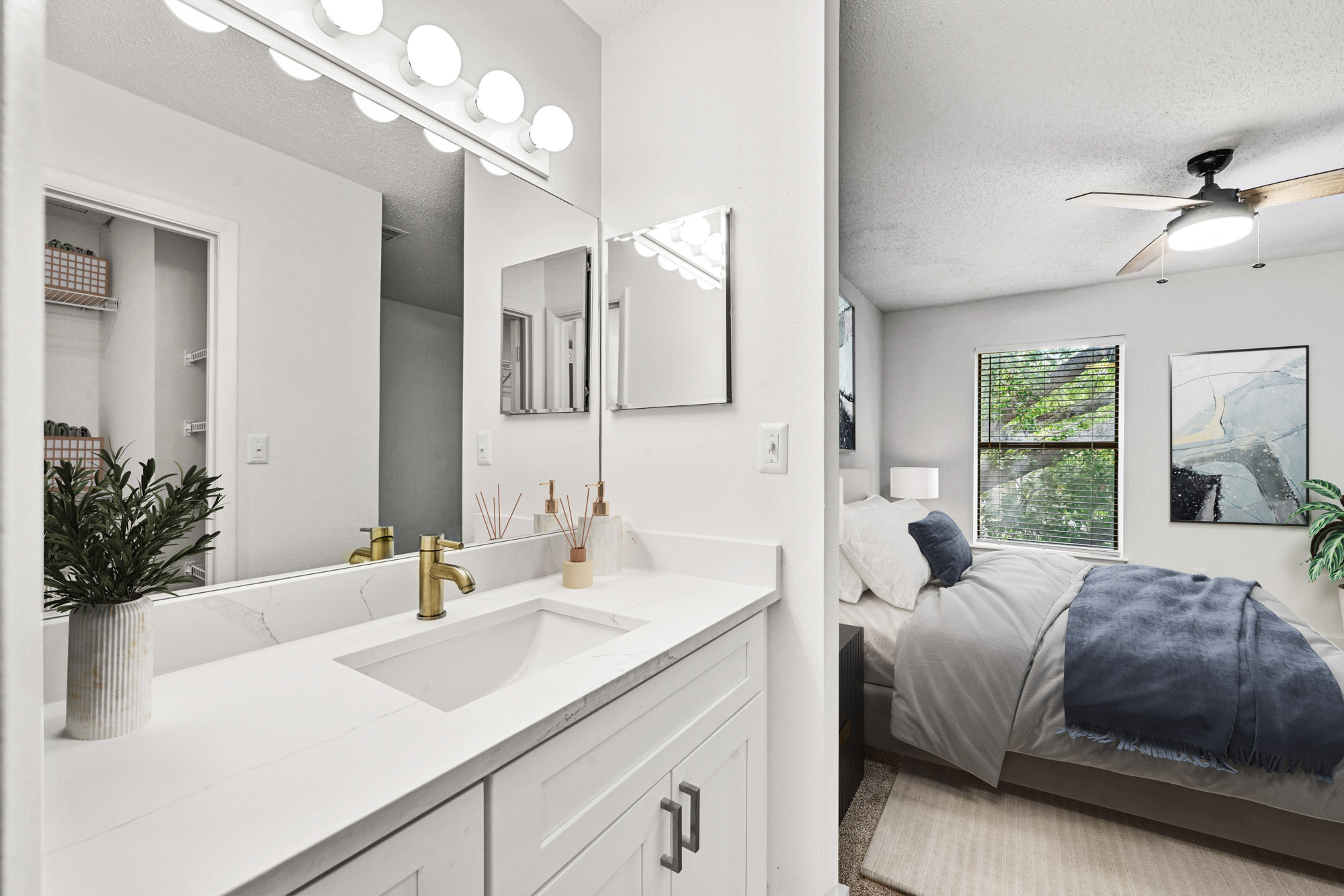 The bedroom of an apartment at South Pointe in Tampa, Florida.