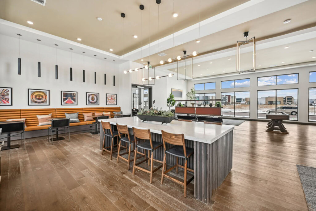 The lounge at Marlon at Central Park apartments near Denver, Colorado.