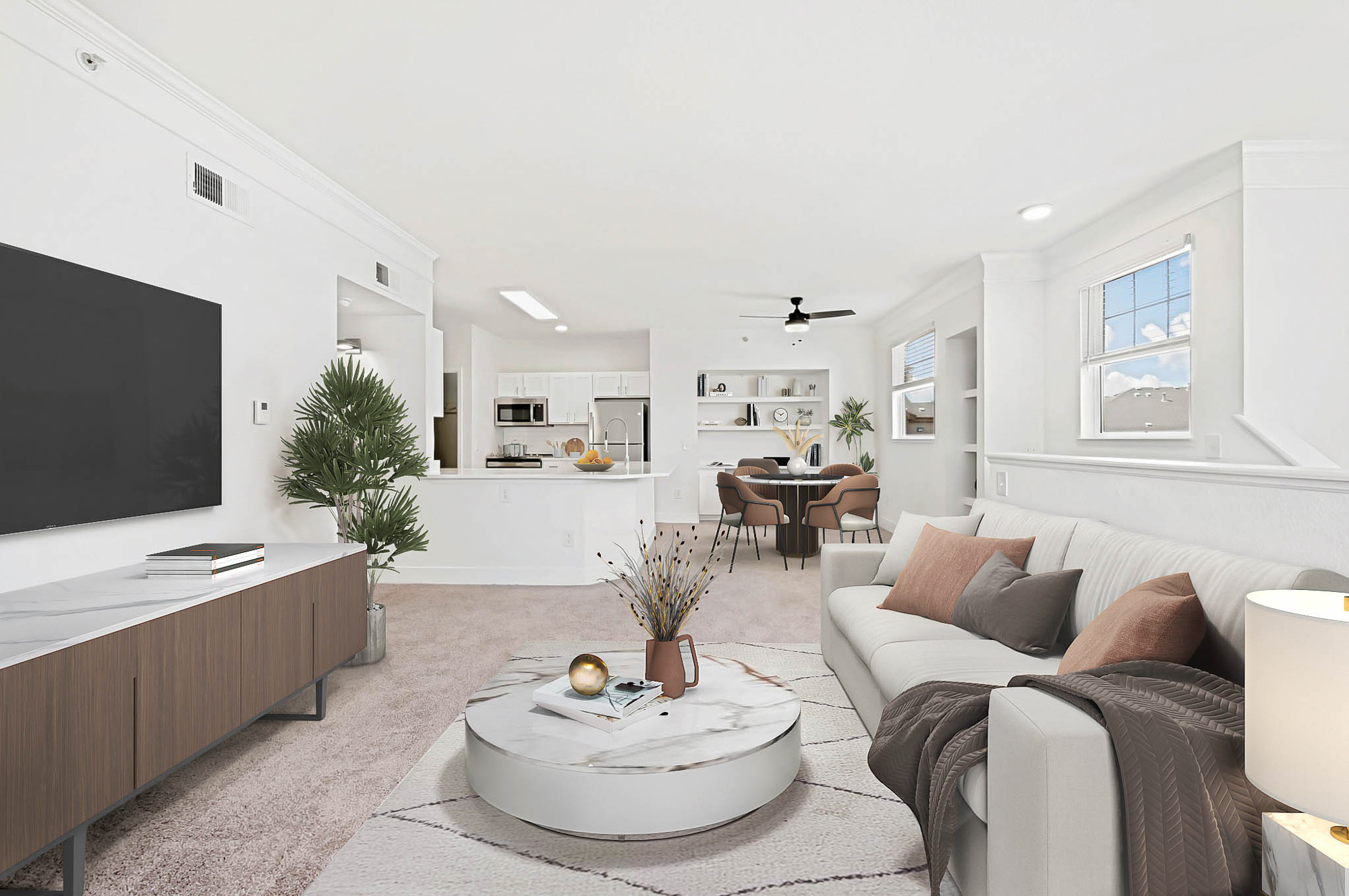 The living area in an apartment at The Village at Legacy Ridge near Denver, Colorado.