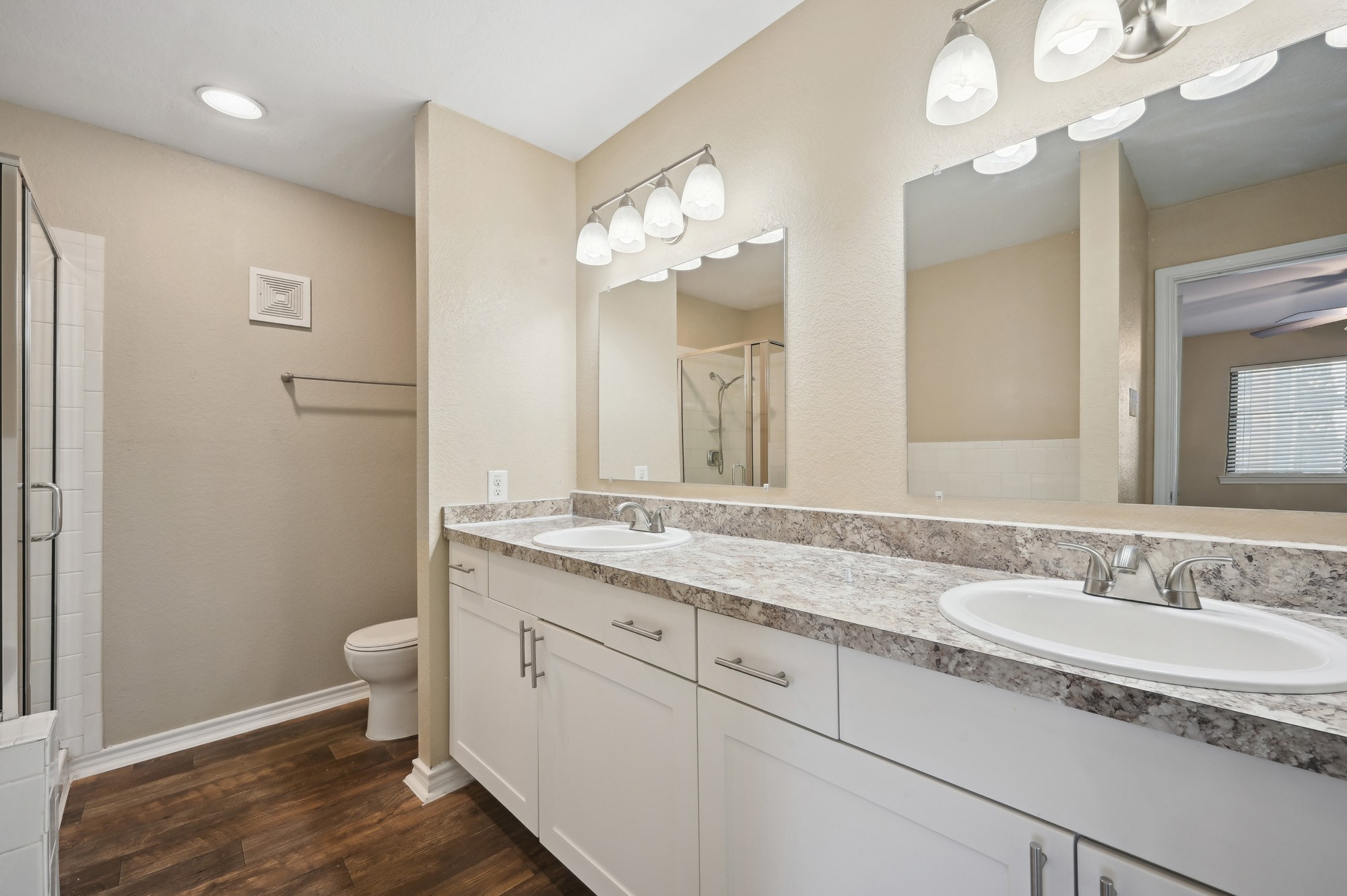 The bathroom at Lake Village West apartments in Garland, TX.