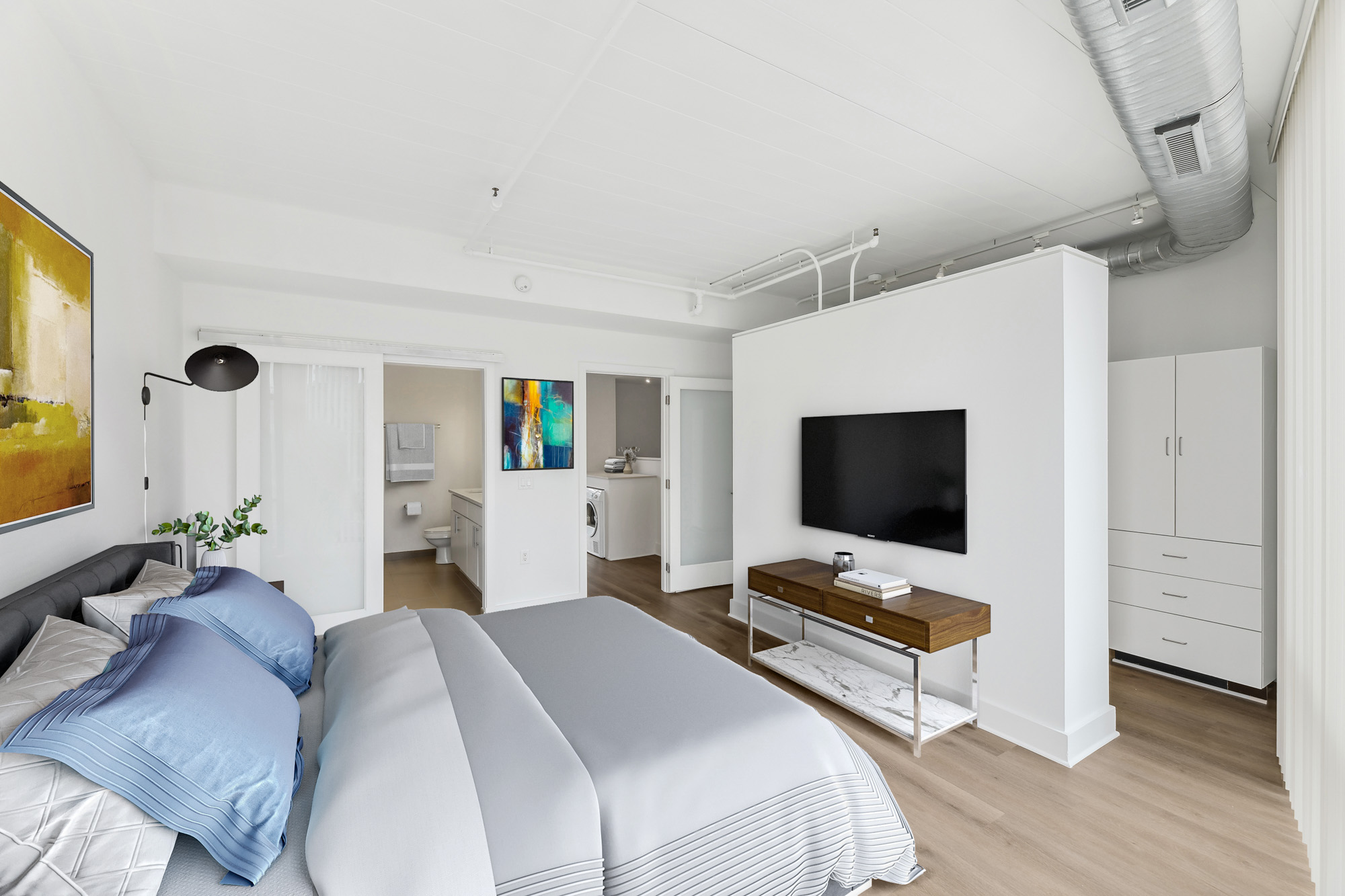 The bedroom in a Foundry Lofts apartment in Washington, D.C.