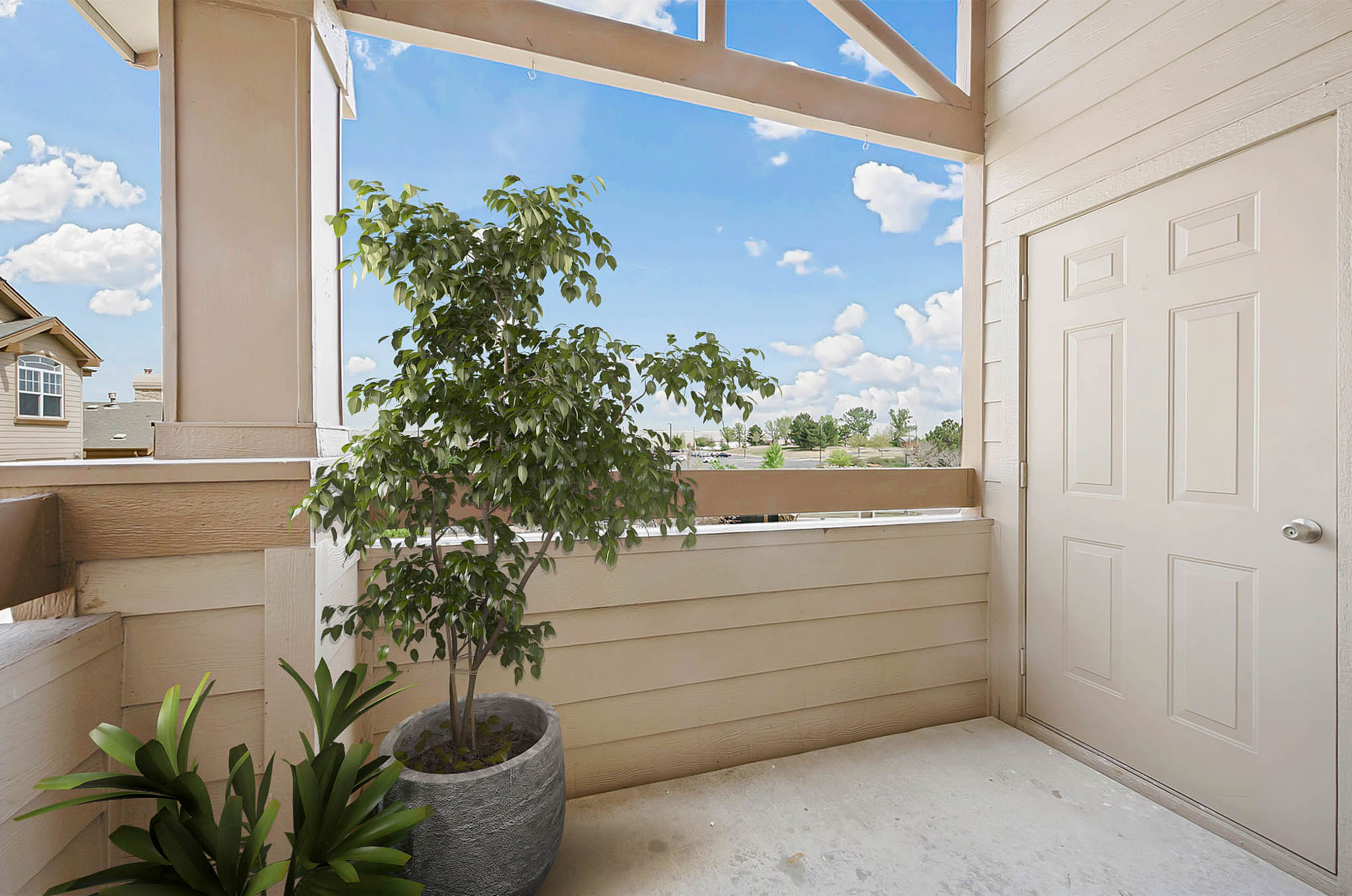 The balcony in an apartment at The Village at Legacy Ridge near Denver, Colorado.