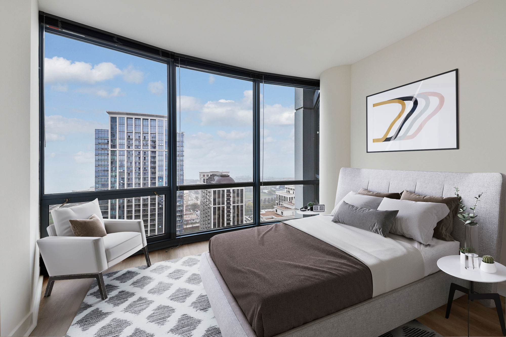 A bedroom at SKY55 apartments in Chicago, IL