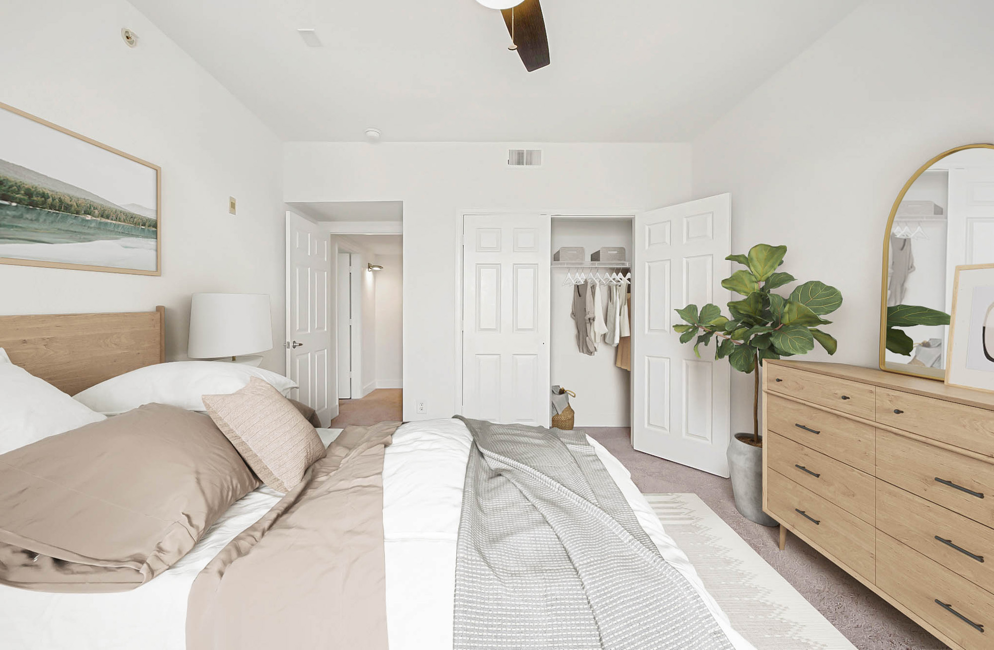 A bedroom in an apartment at The Village at Legacy Ridge near Denver, Colorado.