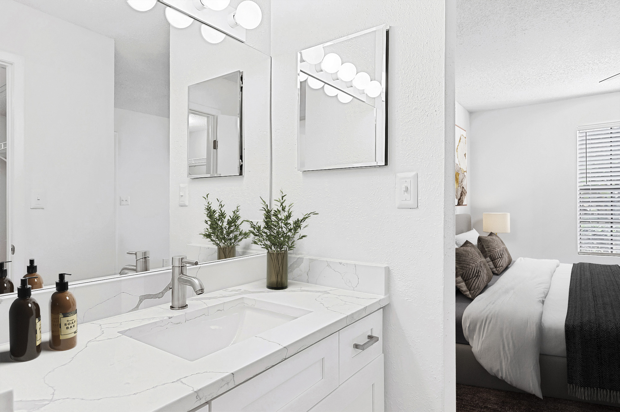 The bathroom in an apartment in St. James Crossing in Tampa, Florida.