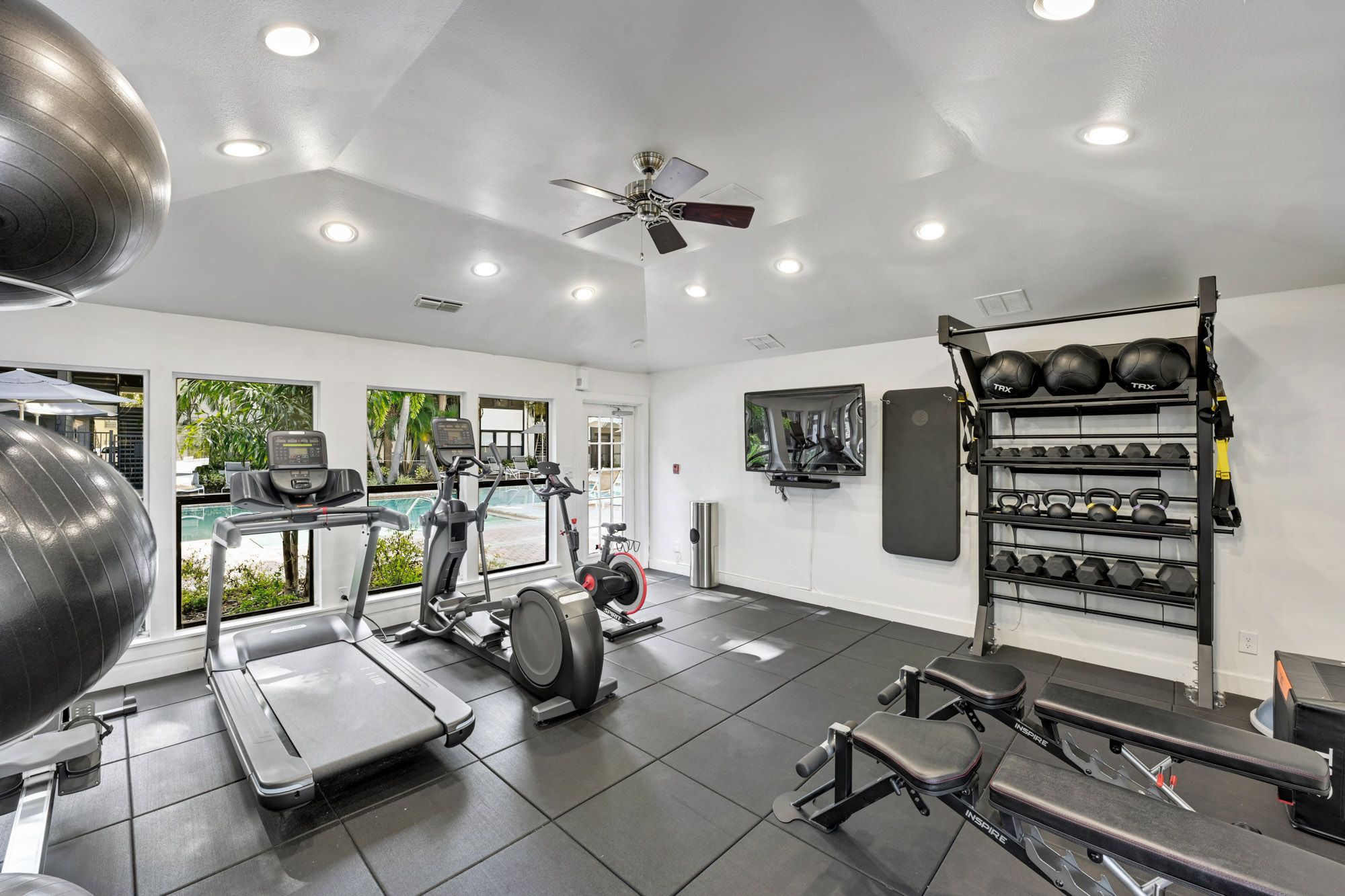 The fitness center at South Pointe apartments in Tampa, Florida.