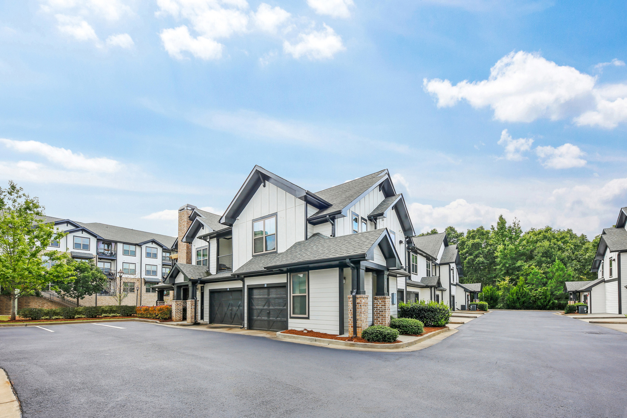 A view of several apartment buildings at Park 9 apartments near Atlanta, GA.