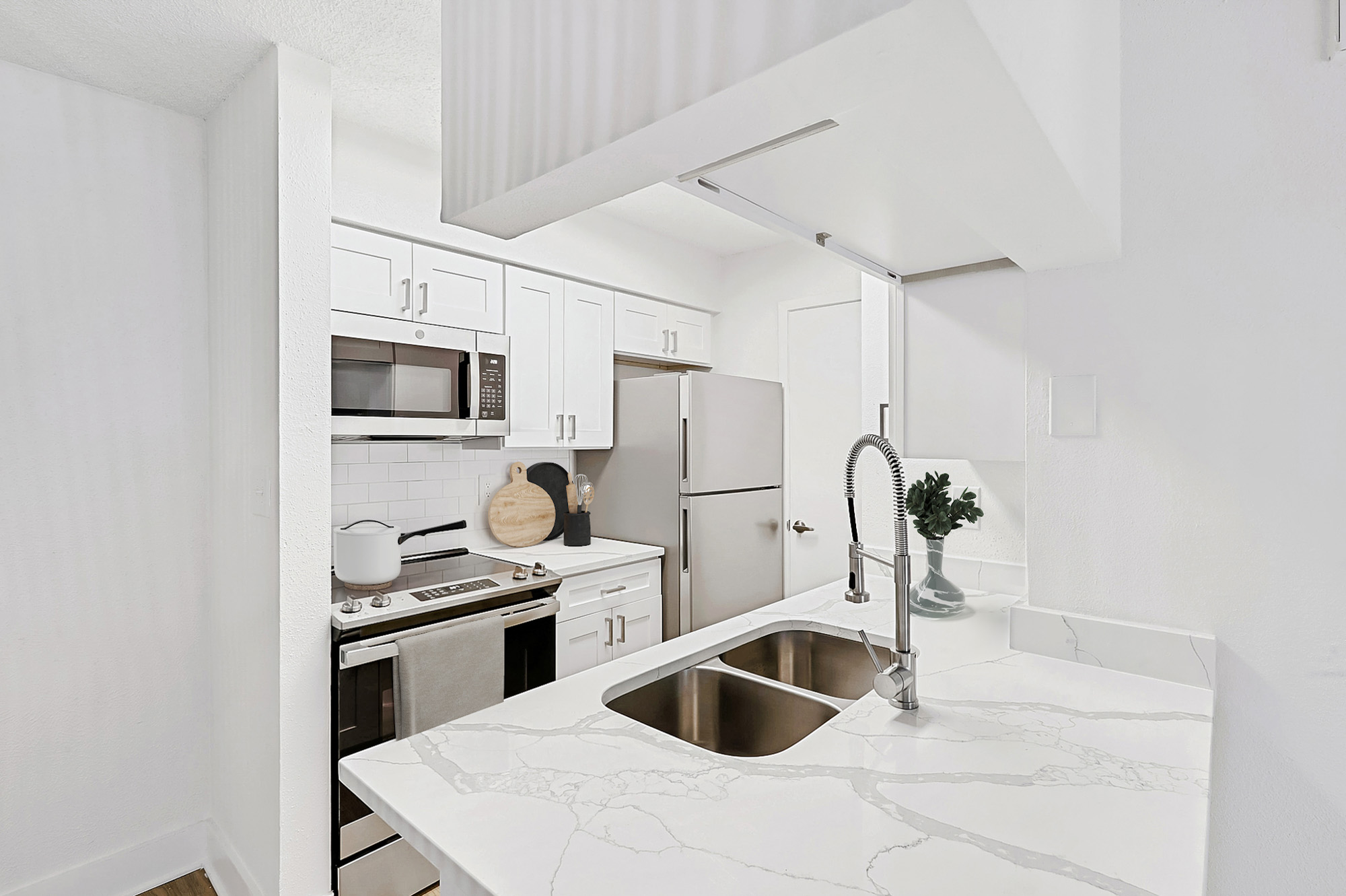 The kitchen in an apartment in St. James Crossing in Tampa, Florida.