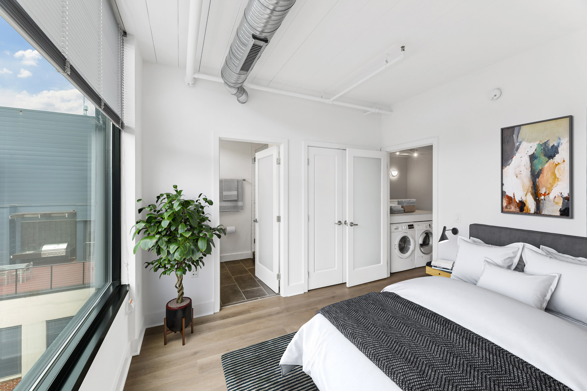 The bedroom in a Foundry Lofts apartment in Washington, D.C.