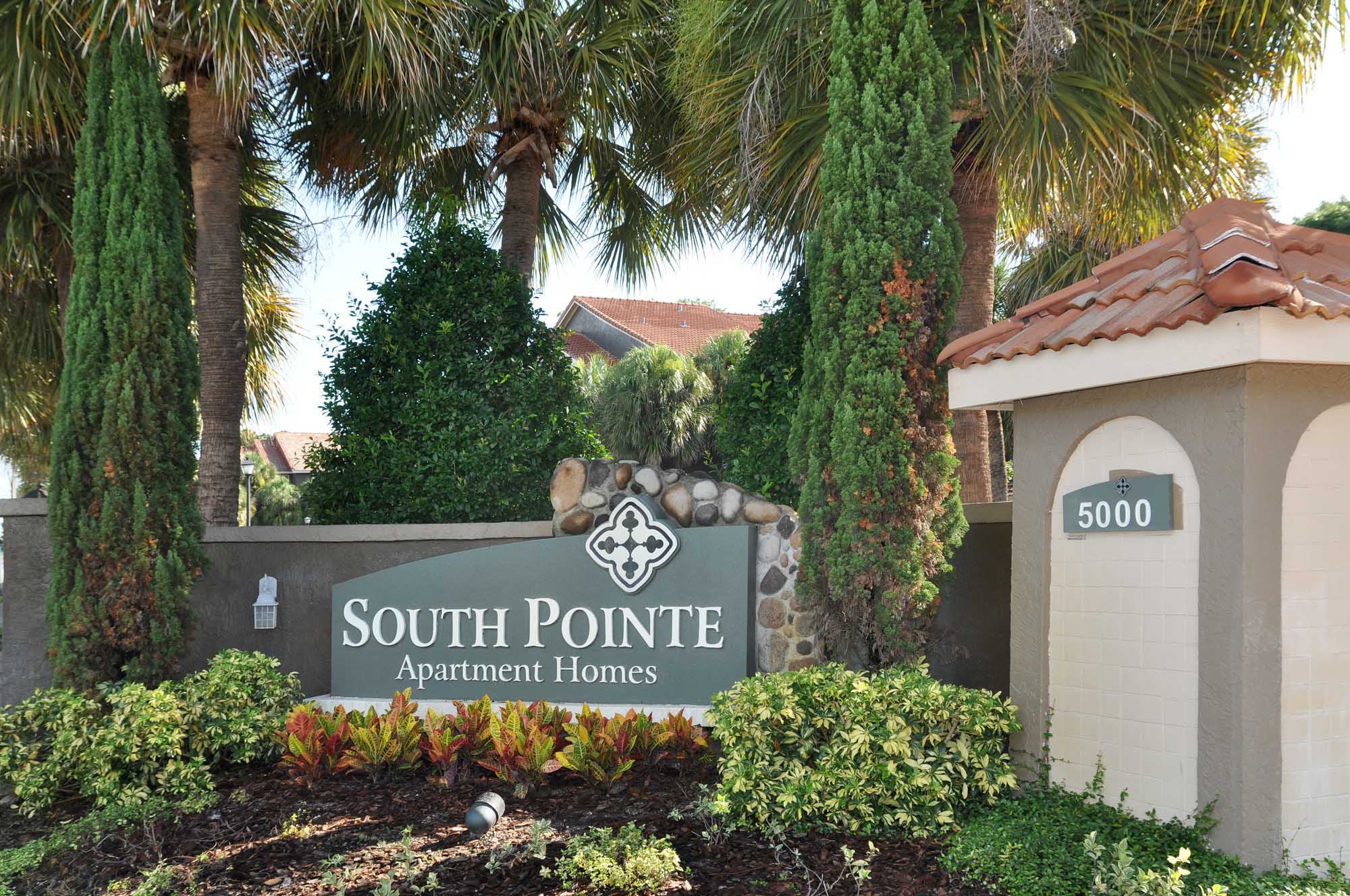 The entrance sign at South Pointe apartments in South Tampa, Florida.